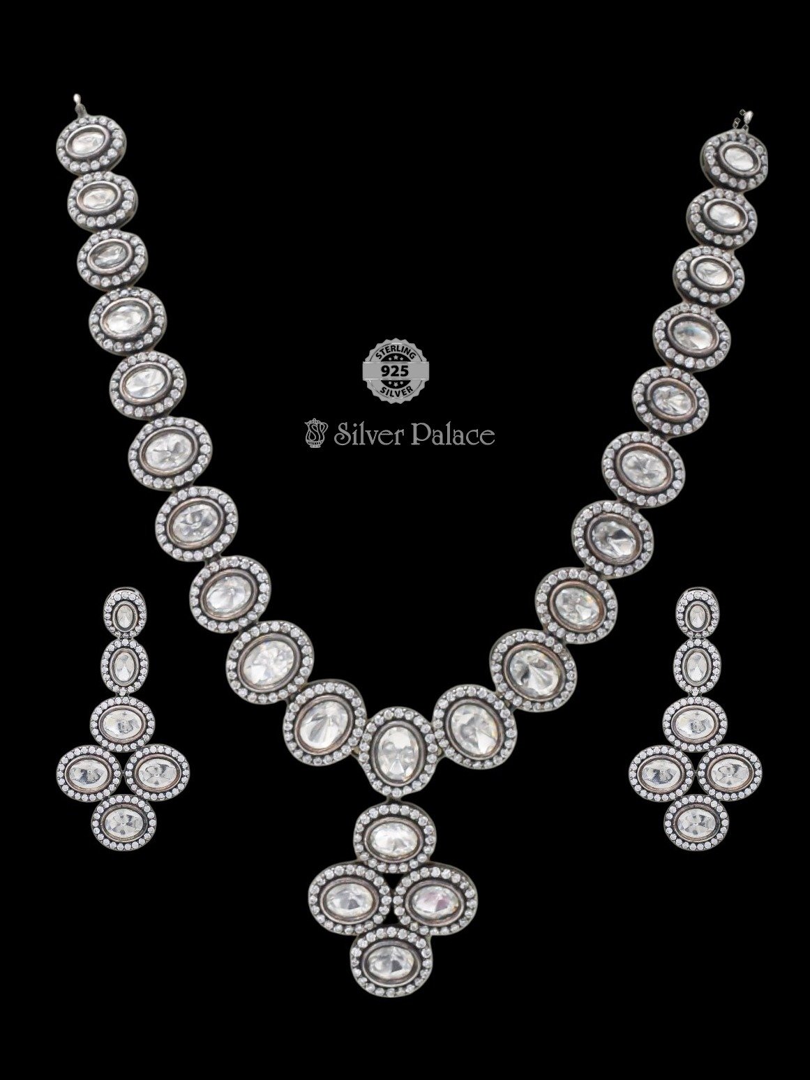 92.5 STERLING SILVER BHAVA COLLECTION POLKI UNCUT STONES VICTORIAN NECKLACE WITH EARRINGS