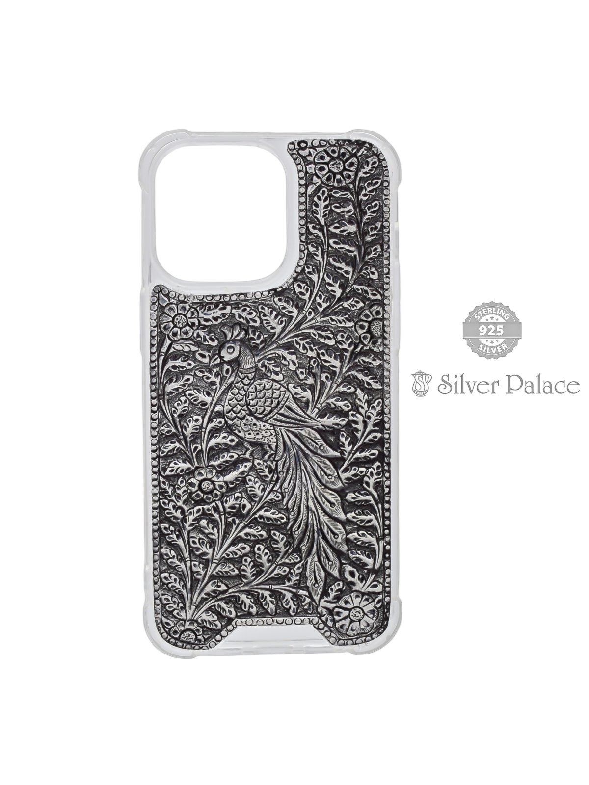925 STERLING SILVER FLORAL WITH PEACOCK DESIGN PHONE CASE FOR IPHONE 14 PRO 