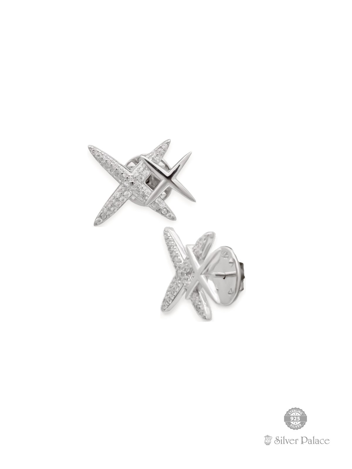 925 STERLING SILVER X DESIGN WHITE STONES COLLAR BUTTON 