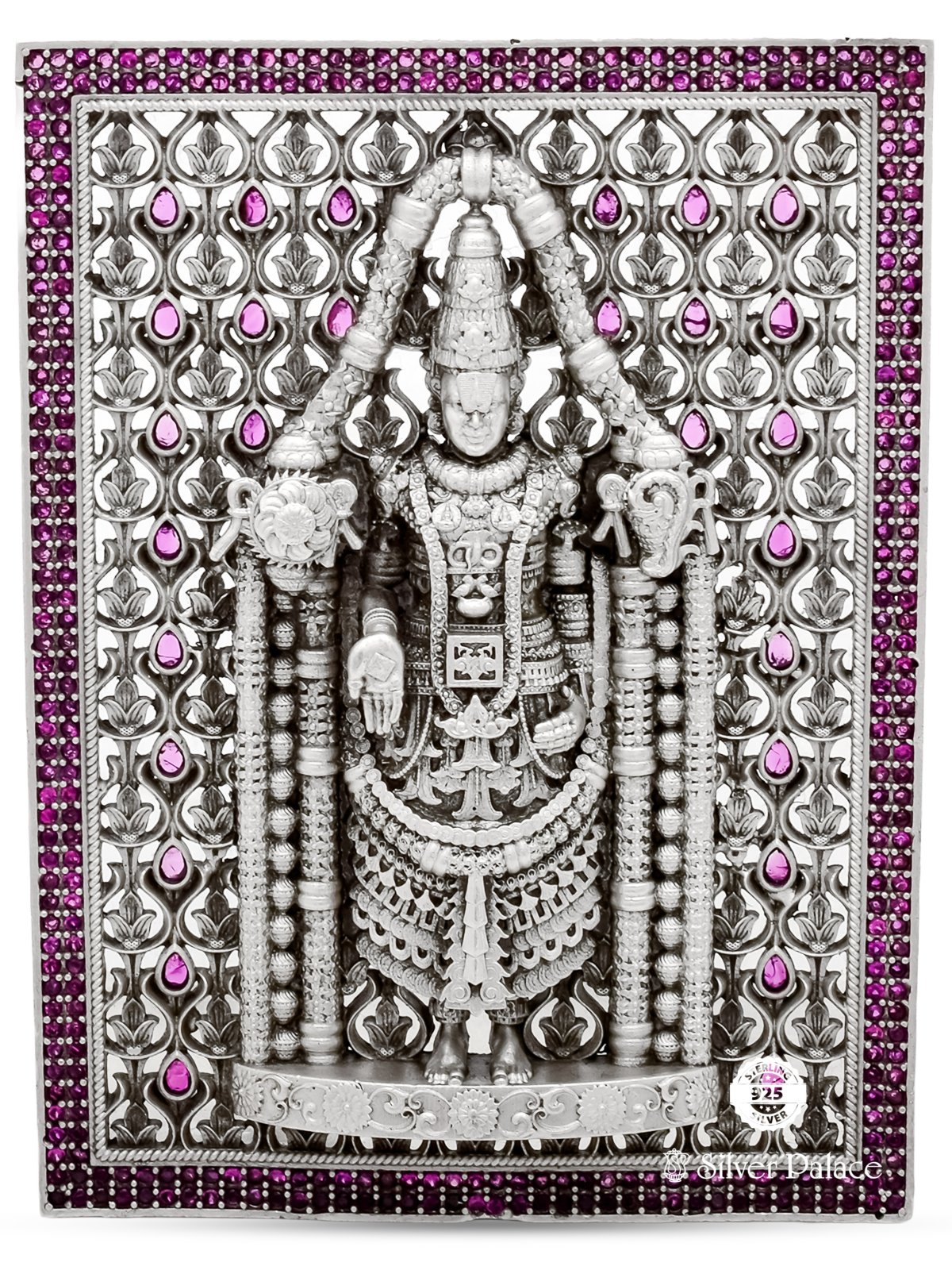 925 SILVER PINK STONE BALAJI IDOL FRAME FOR POOJA ROOM