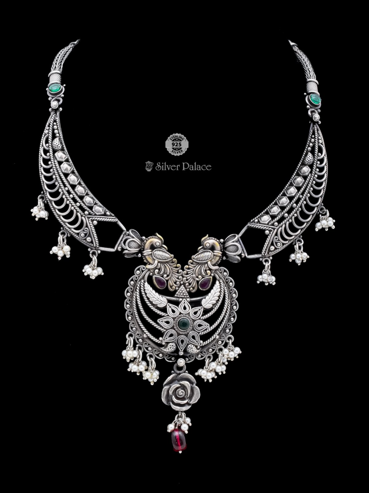 92.5 Oxidised Silver Royal Peacock Heritage Necklace For Women Mannj Collection