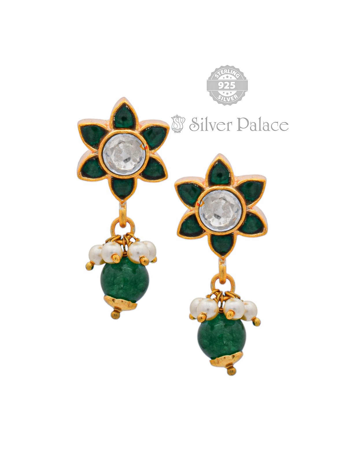 925 SILVER GOLD POLISH FLORAL DESIGN WITH GREEN STONE EARRING FOR WOMEN ANITE COLLECTION