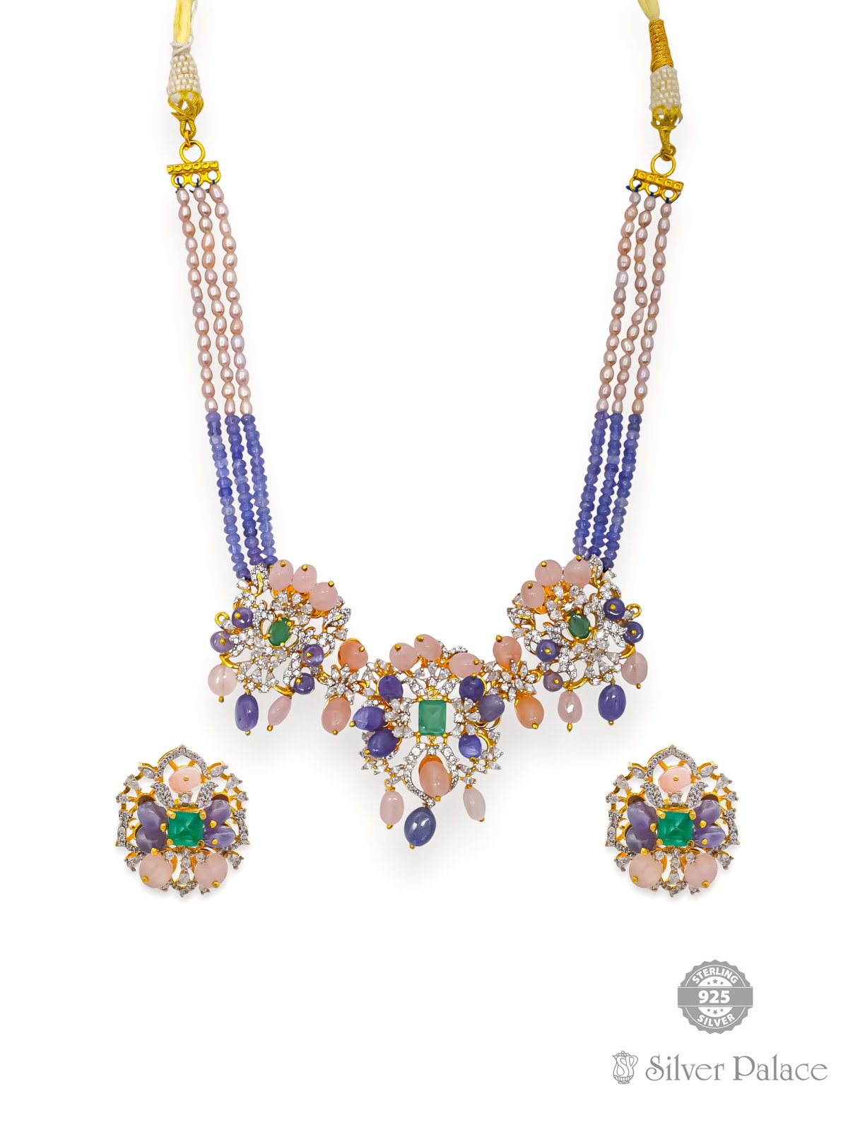 925 SILVER GOLD POLISHED BLUE BEADS NECKLACE SET FOR LADIES ANITE COLLECTION 