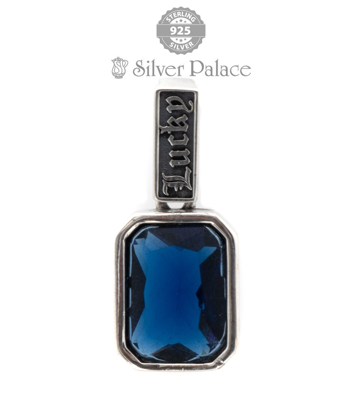 92.5 Oxidized Sterling Silver Simple Rectangle Glass Pure Blue colour  Square Crystal Pendant