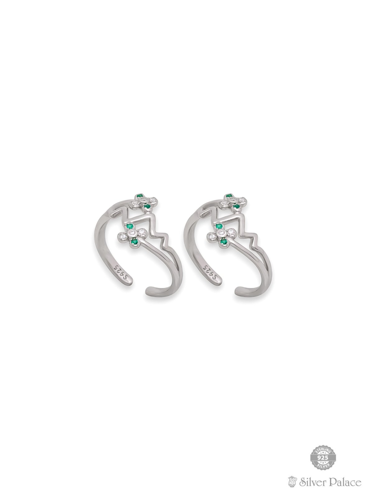 925 PURE SILVER GREEN & WHITE CZ STONES TOE RING FOR LADIES PUYA COLLECTION 