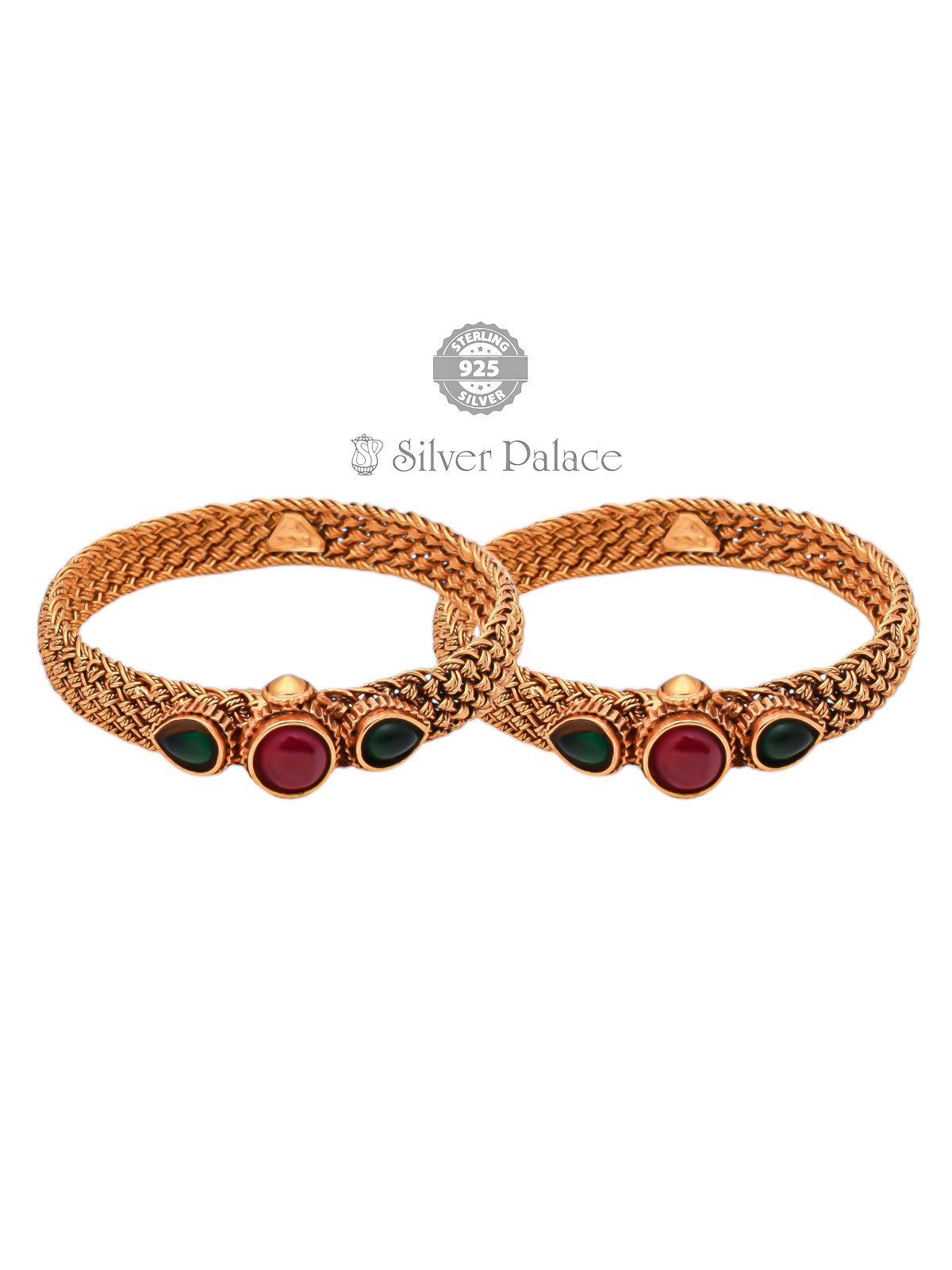 92.5 STERLING SILVER ANITE COLLECTION GOLD POLISH GREEN RED STONE BANGLES FOR WOMEN 