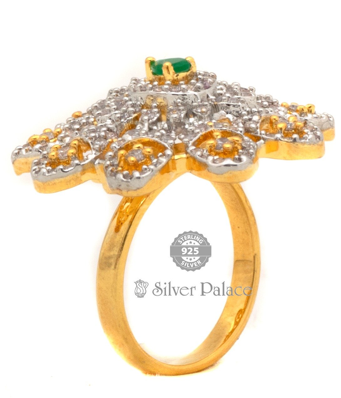 925 GOLD POLISH GREEN Stone-Studded Cocktail Ring