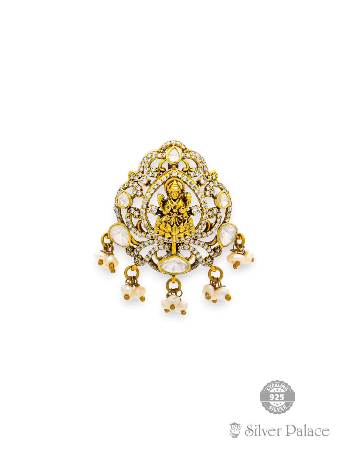 925 SILVER GOLD POLISHED LAKSHMI WITH WHITE STONE PENDANT FOR LADIES ANITE COLLECTION 