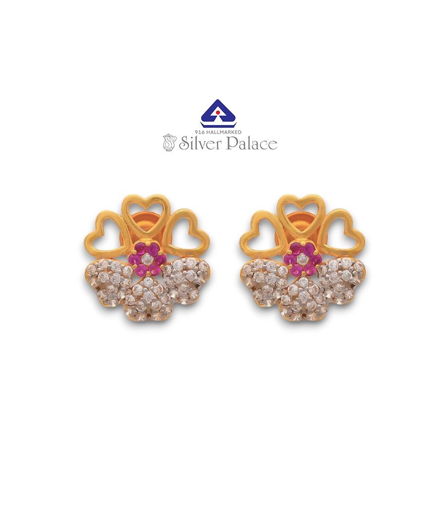 916 Gold with Kanche Collection Floral Design Pink & CZ  Stone Studded  Earr hoops for Women 