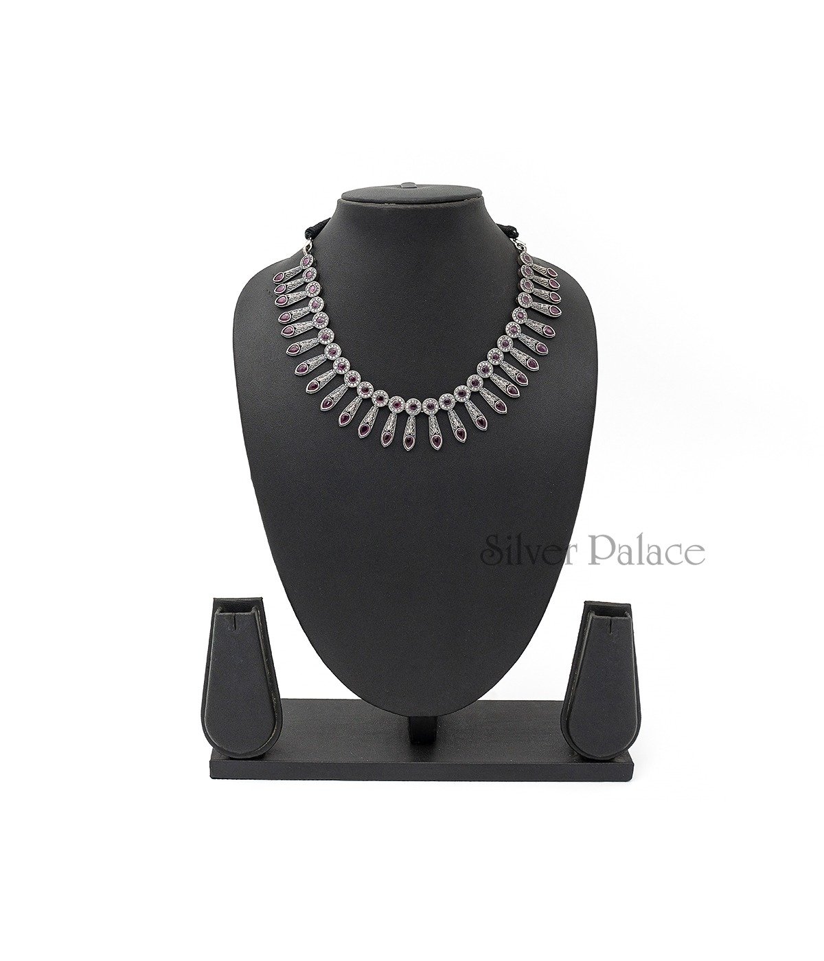 OXIDISED SILVER RUBY STONE STUDDED NECKLACE FOR GIRLS
