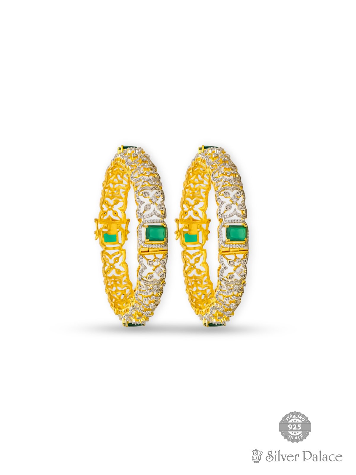 925 SILVER GOLD POLISHED FLORAL DESIGN CZ BANGLE FOR WOMEN ANITE COLLECTION 