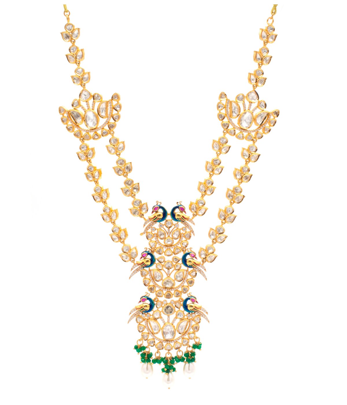 GOLD PLATED TRADITIONAL SILVER STONE PEACOCK NECKLACE FOR WOMEN