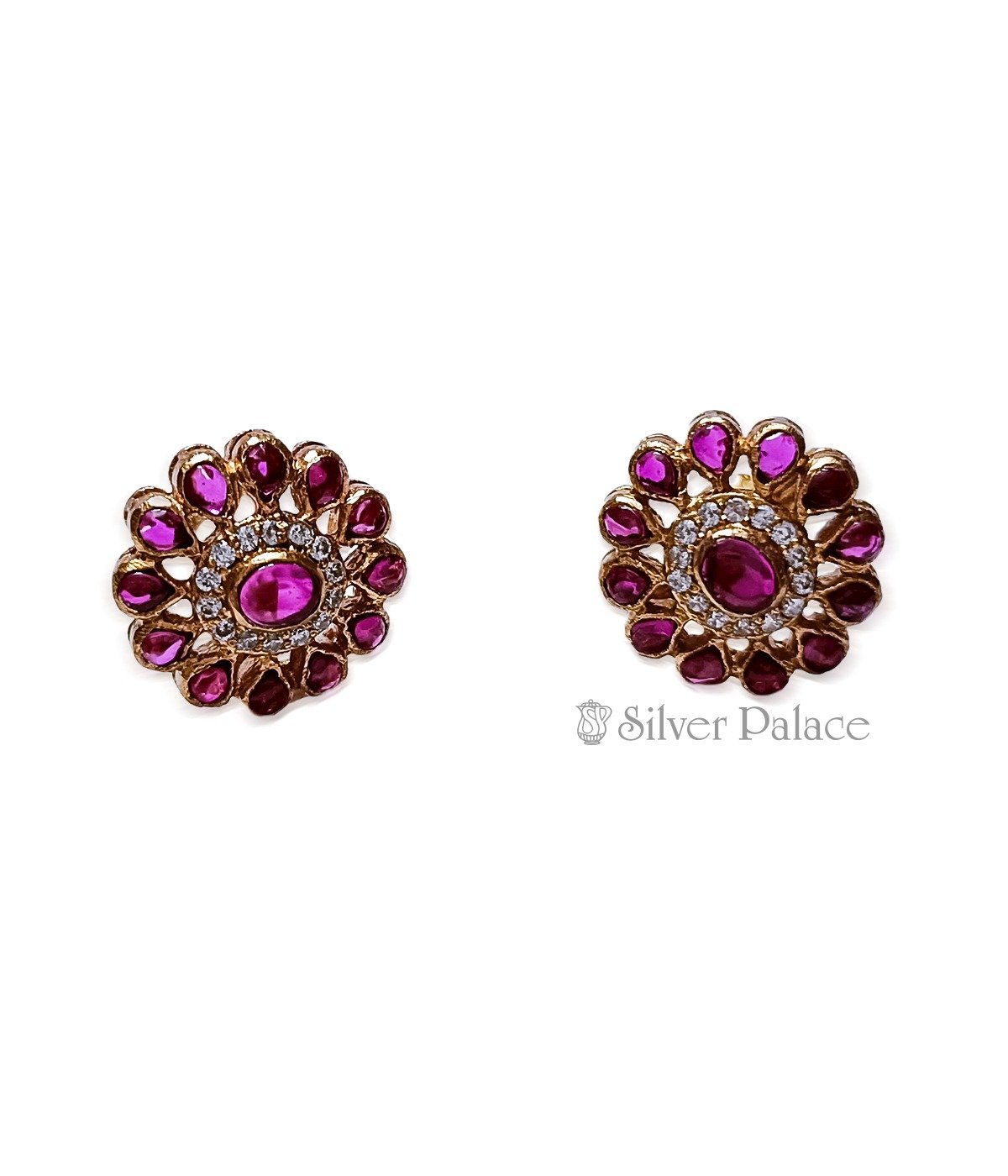 GOLD POLISHED PINK STONE STUDED EARRINGS FOR GIRLS