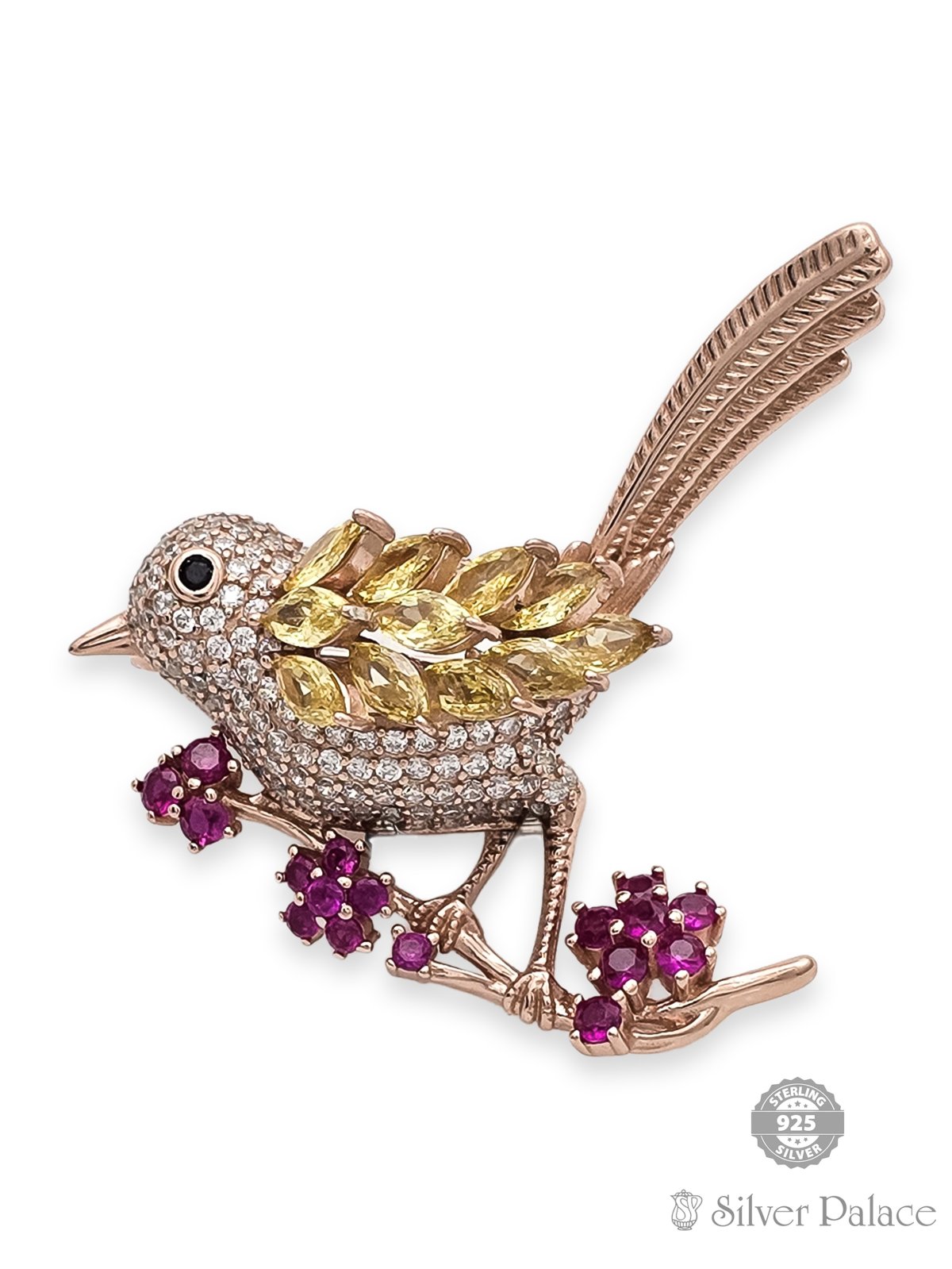 925 SILVER ROSE GOLD POLISHED SPARROW DESIGN BROOCH FOR LADIES 
