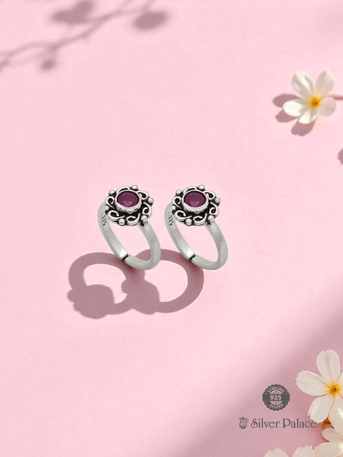925 OXIDISED SILVER PINK STONE TOE RING FOR WOMEN NEETH COLLECTION 