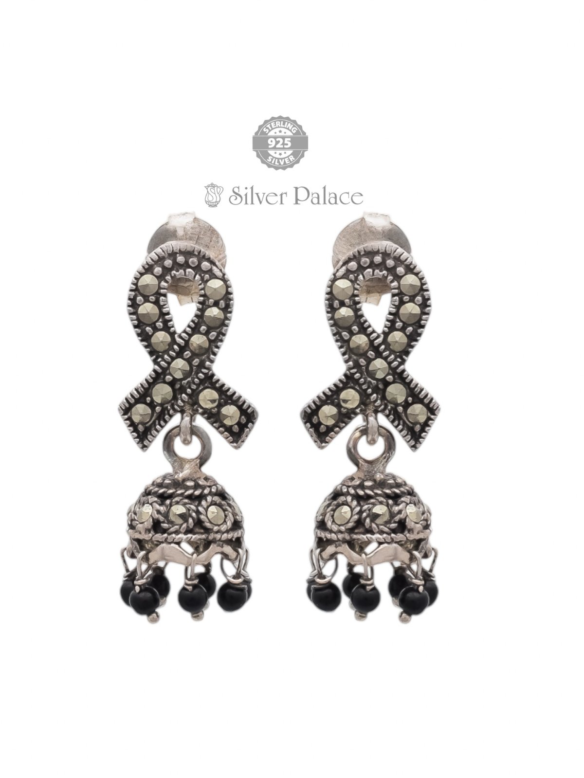 925 OXIDISED SILVER RIBBON DESIGN WITH BLACK BEADS JHUMKAA FOR LADIES PRITE COLLECTION 