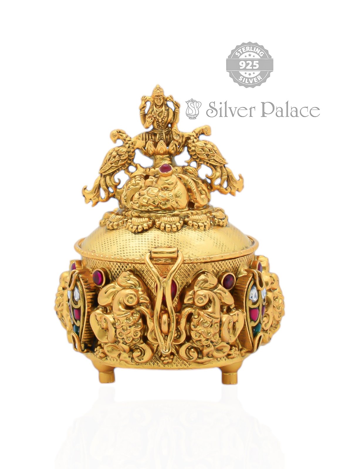 Pure Silver Gold Polished Lakshmi With Peacock Design Kum Kum Box