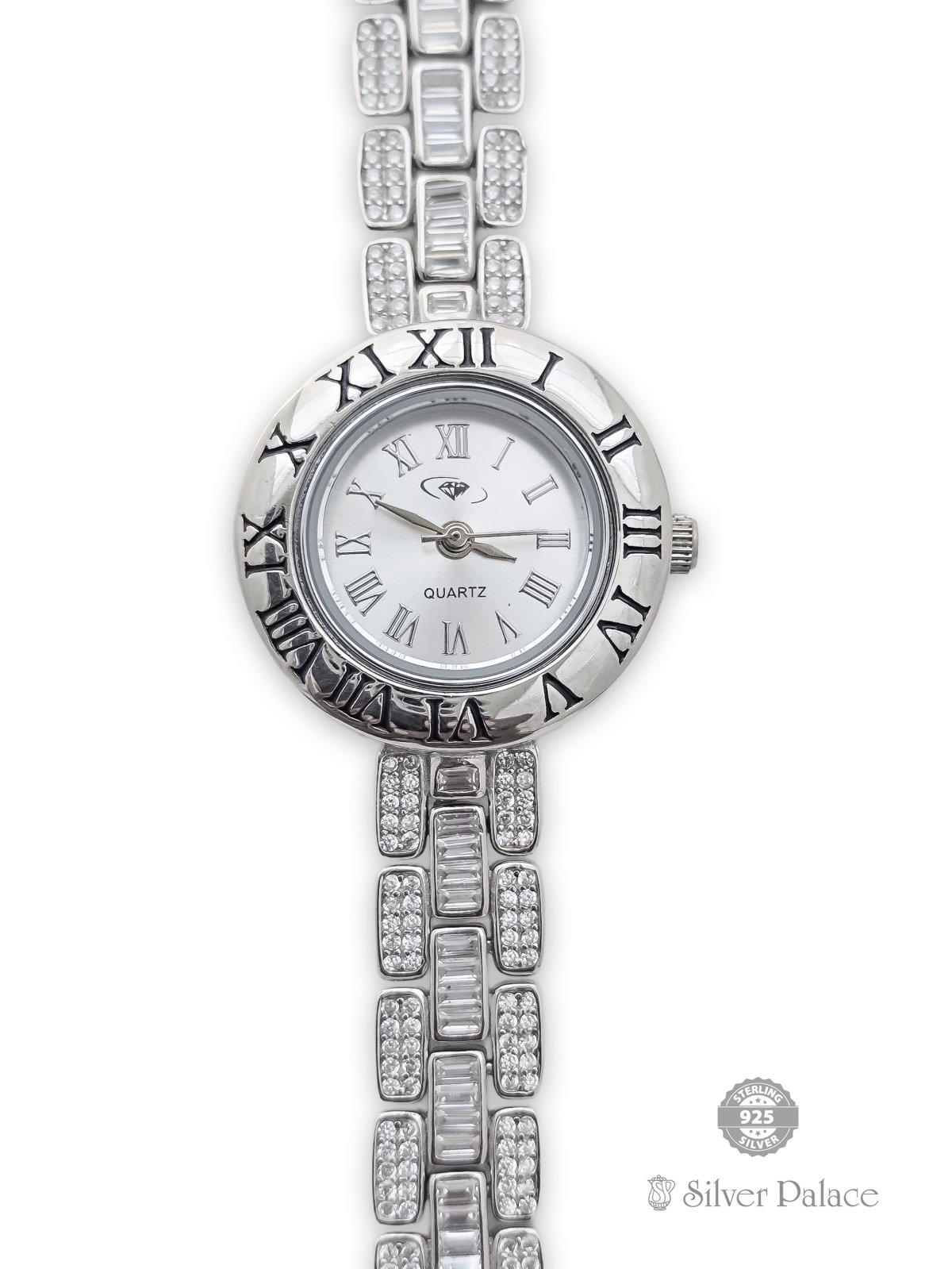 925 STERLING SILVER CUBIC ZIRCONIA ROMAN DIAL WATCH FOR WOMEN