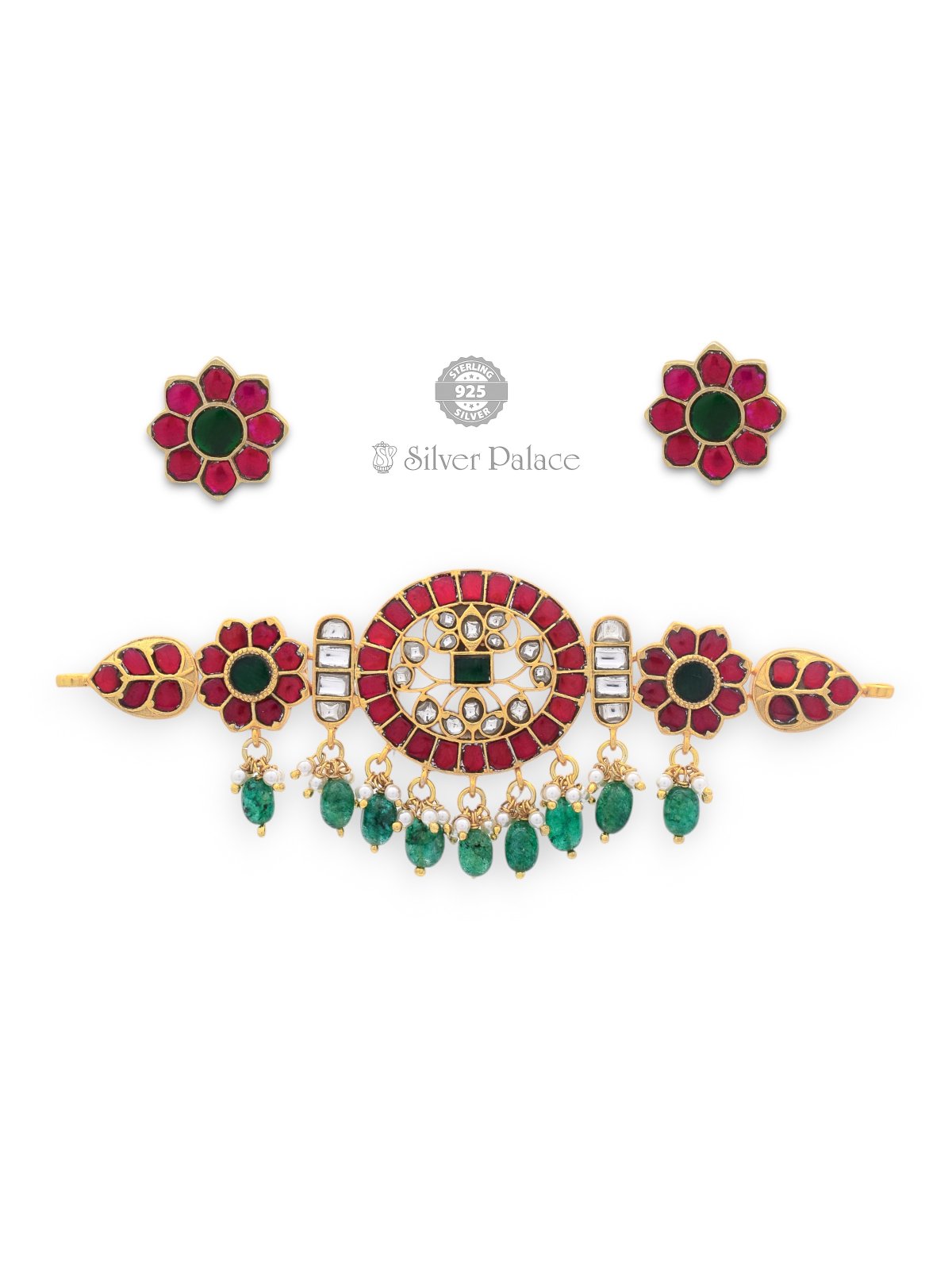 925 Sterling Silver Gold Polished Floral Circular Design Choker