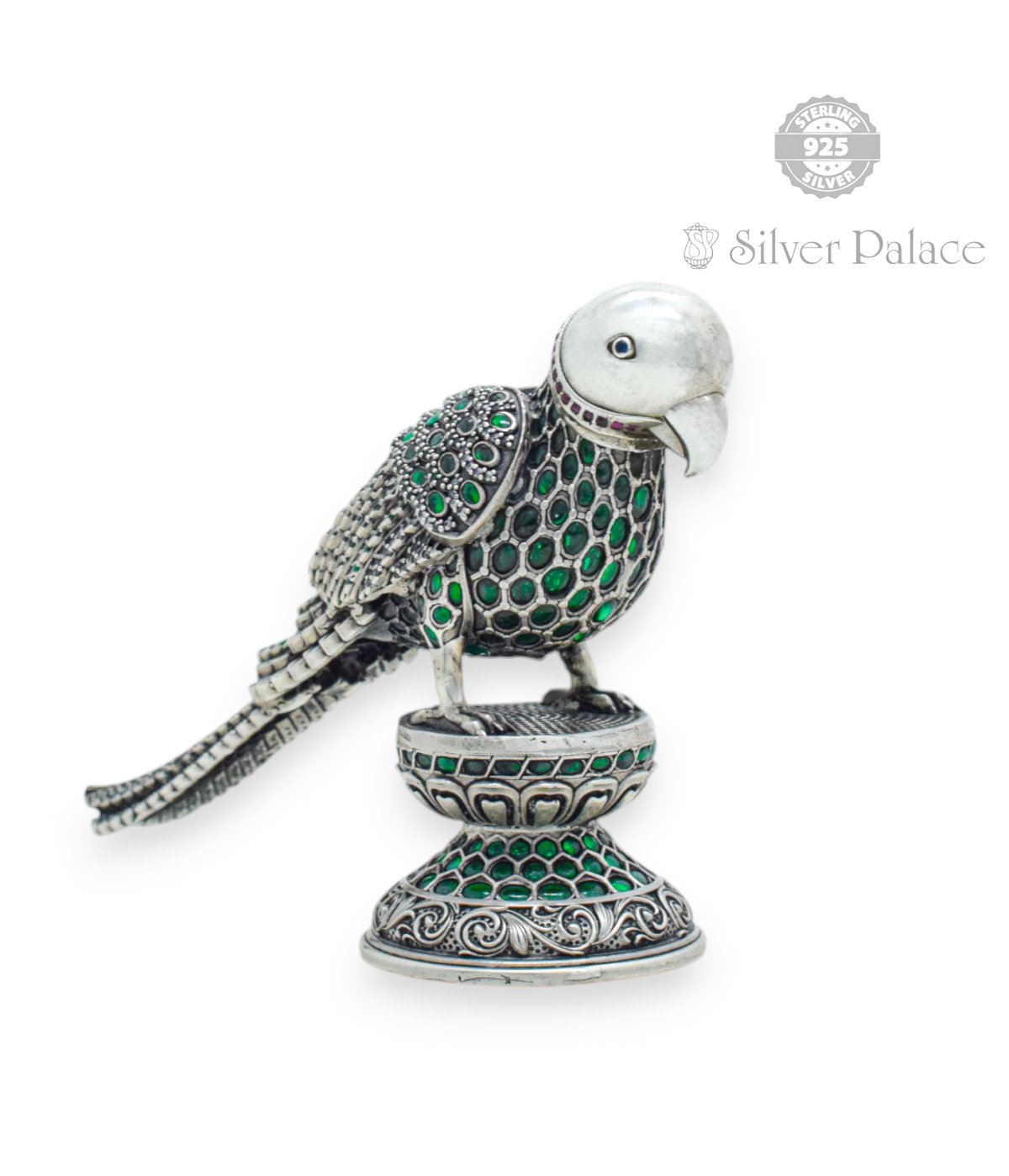 925 OXIDIZED SILVER ANTIC EMERALD STONE STUDDED PARROT FOR SHOWPIECE 