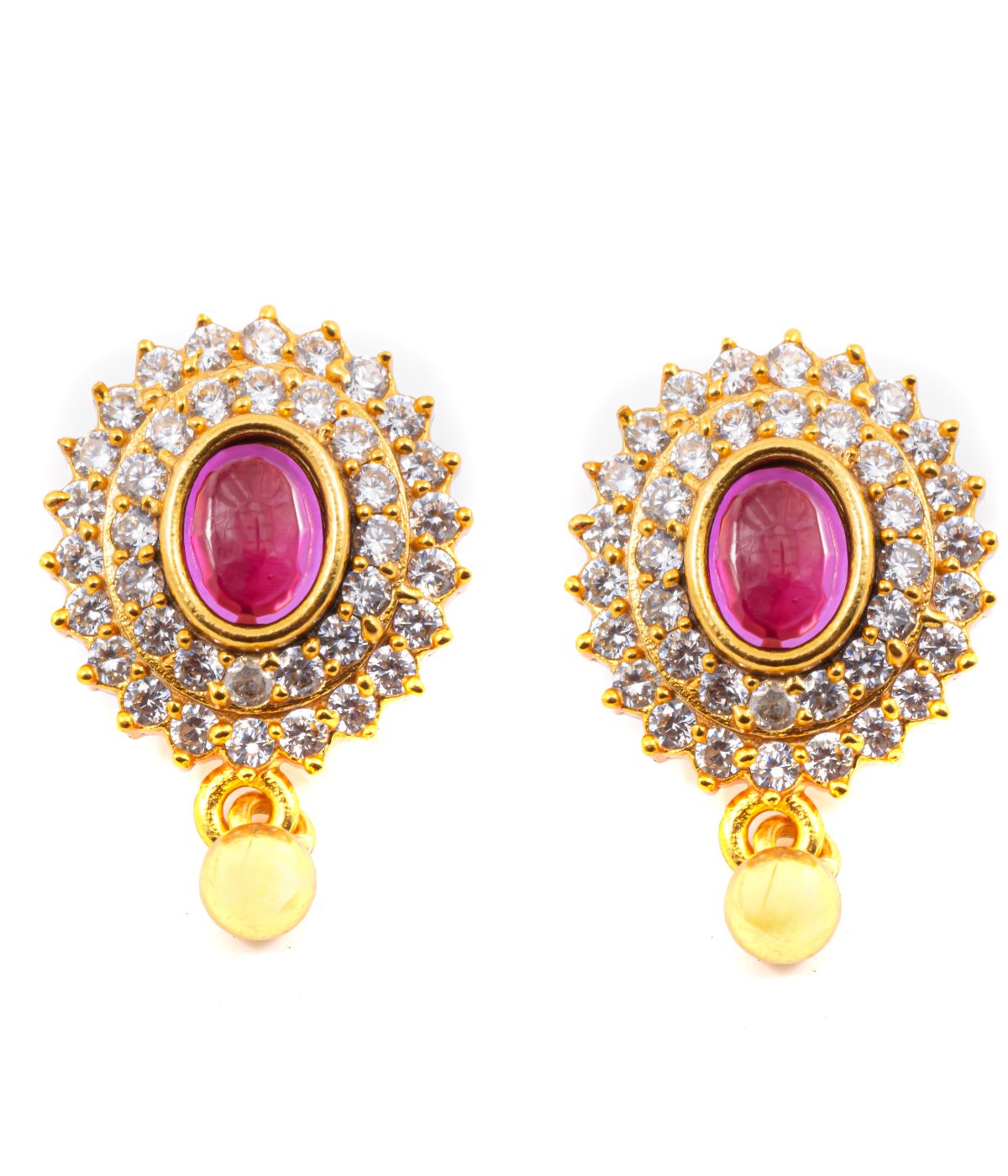 92.5 SILVER GOLD POLISHED FLOWER DESIGN RED STONE EARRINGS
