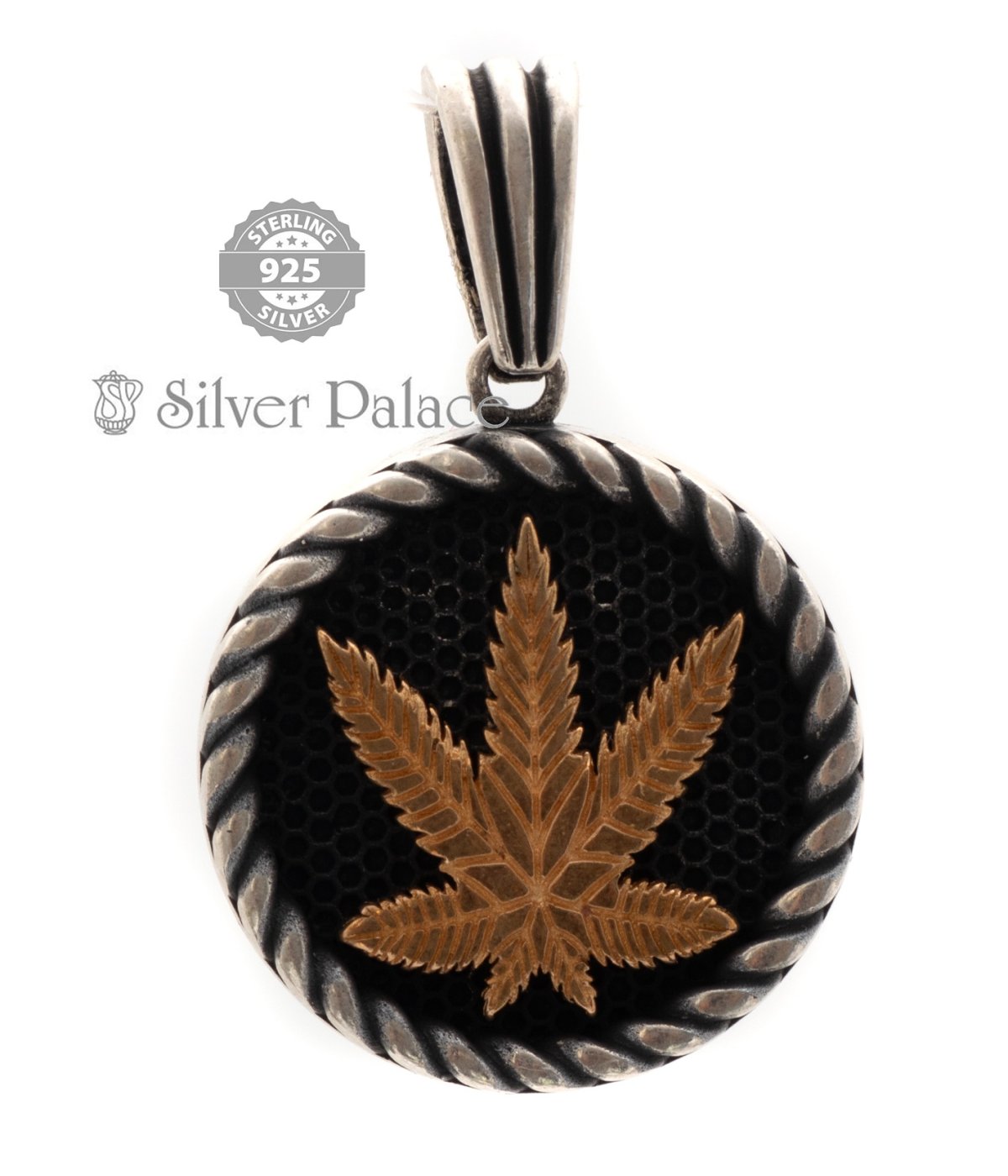 925 Sterling Silver Marijuana Weed Leaf Pendant Gold TOUCH Medallion
