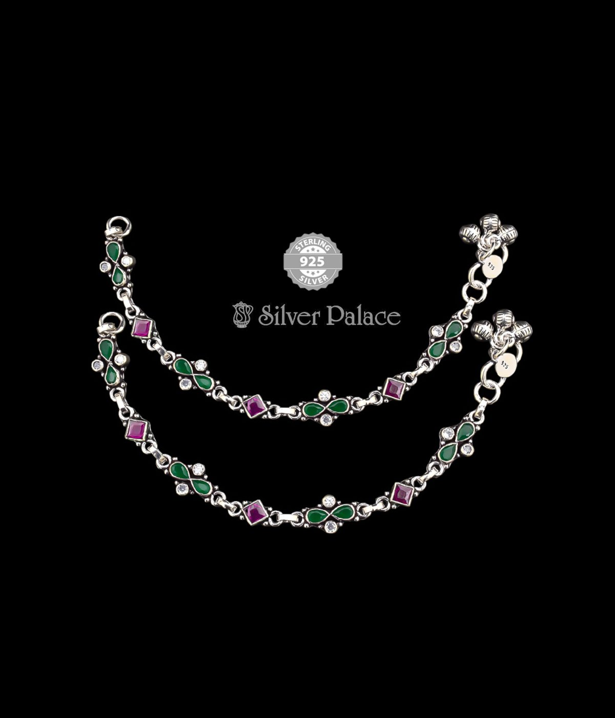 Pure Silver Neeth Collections Ruby Green CZ Stone Anklets For  Girls