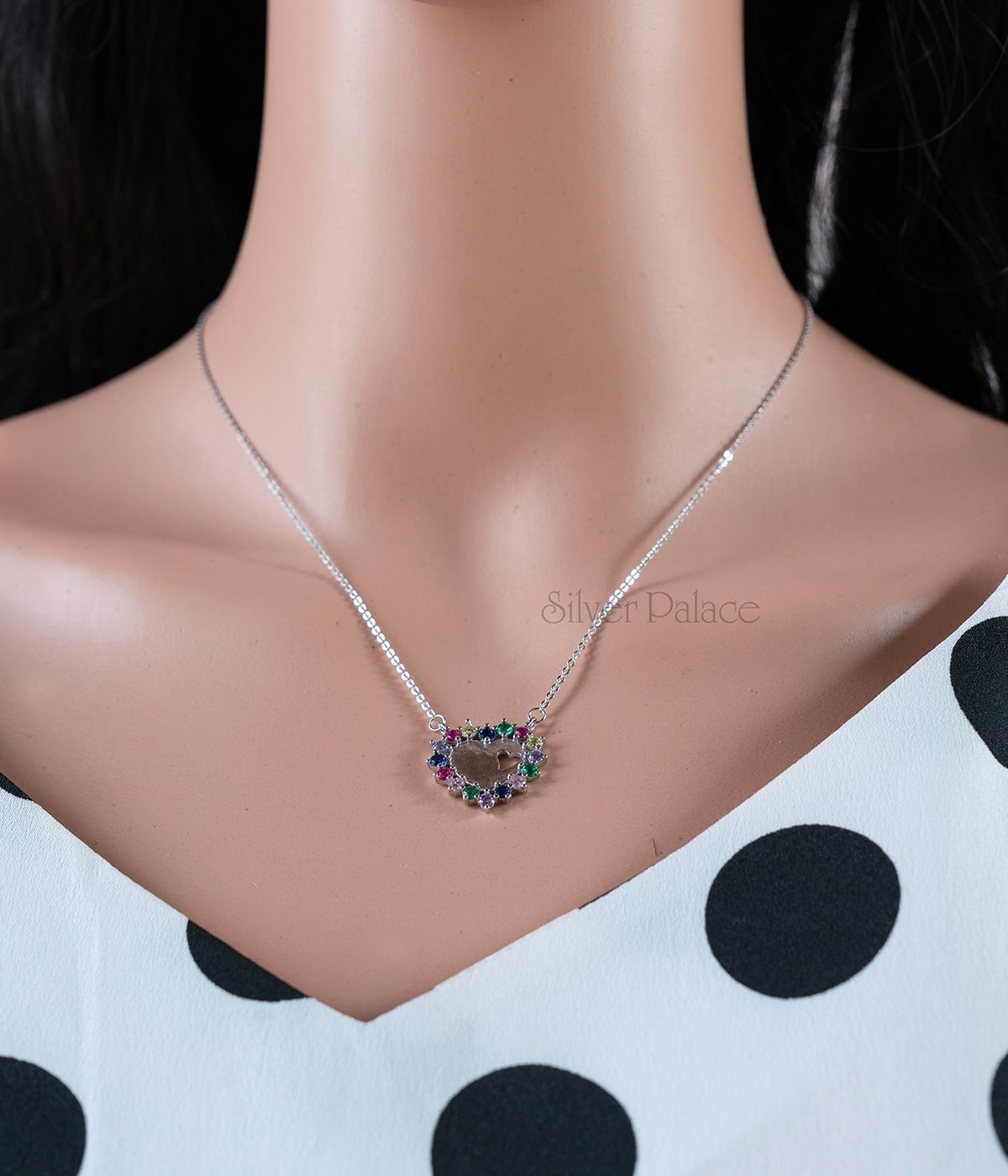 MULTICOLUR STONE STUDDED HOLLOW HEART SHAPE PENDANT WITH CHAIN