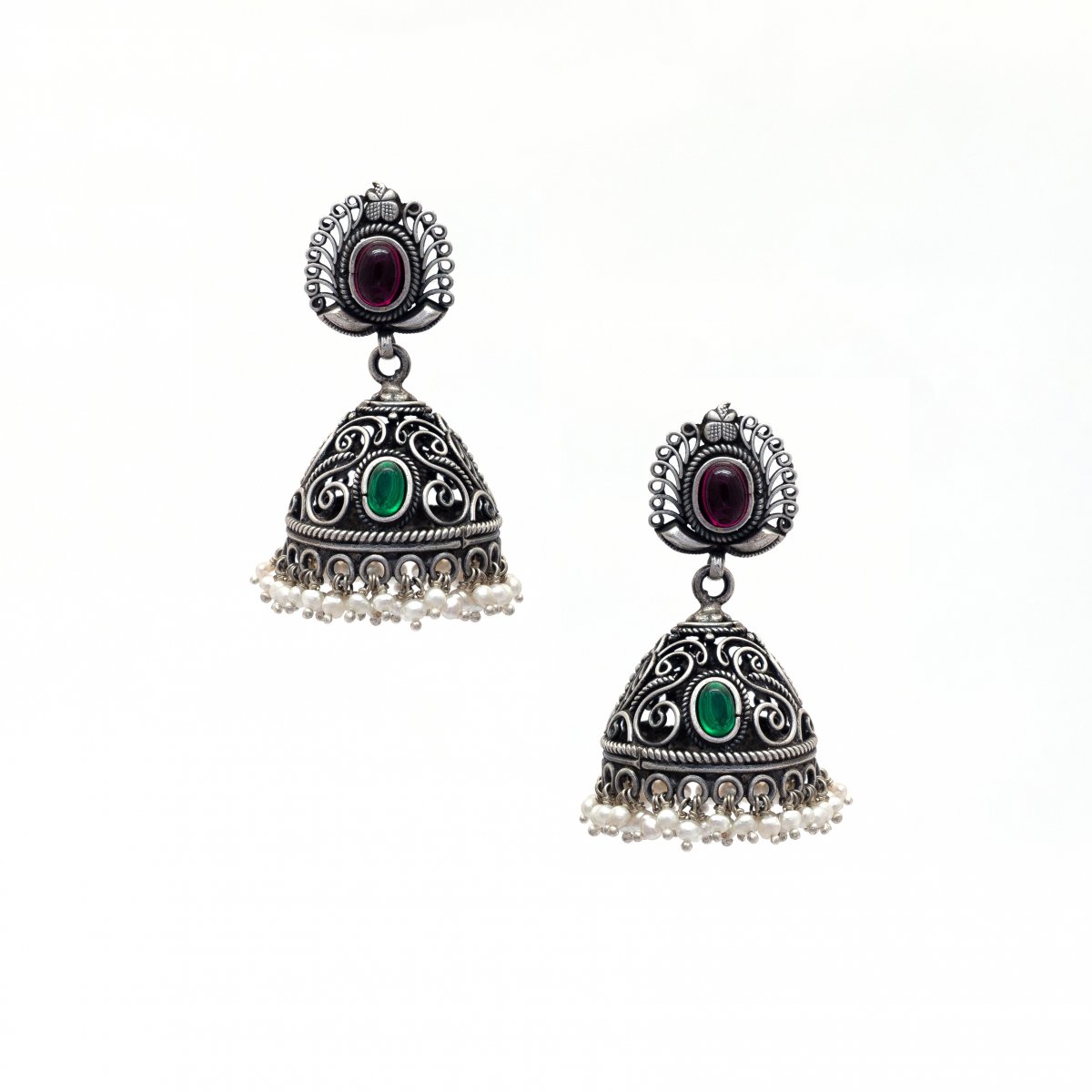 SILVER OXIDIZED TRADITIONAL RED STONE JHUMKA FOR GIRLS 