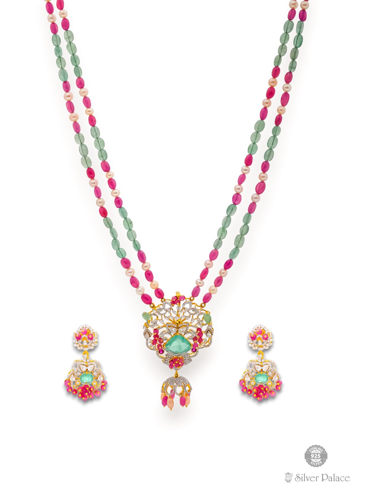 925 SILVER GOLD POLISHED MULTI COLOR BEADS DESIGN NECKLACE FOR LADIES ANITE COLLECTION