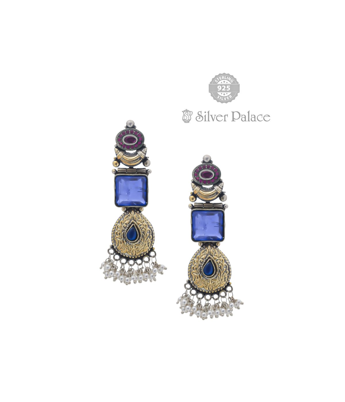 925 STERLING SILVER MANNJ COLLECTION BLUE STONE CHANDBALI FOR WOMENS