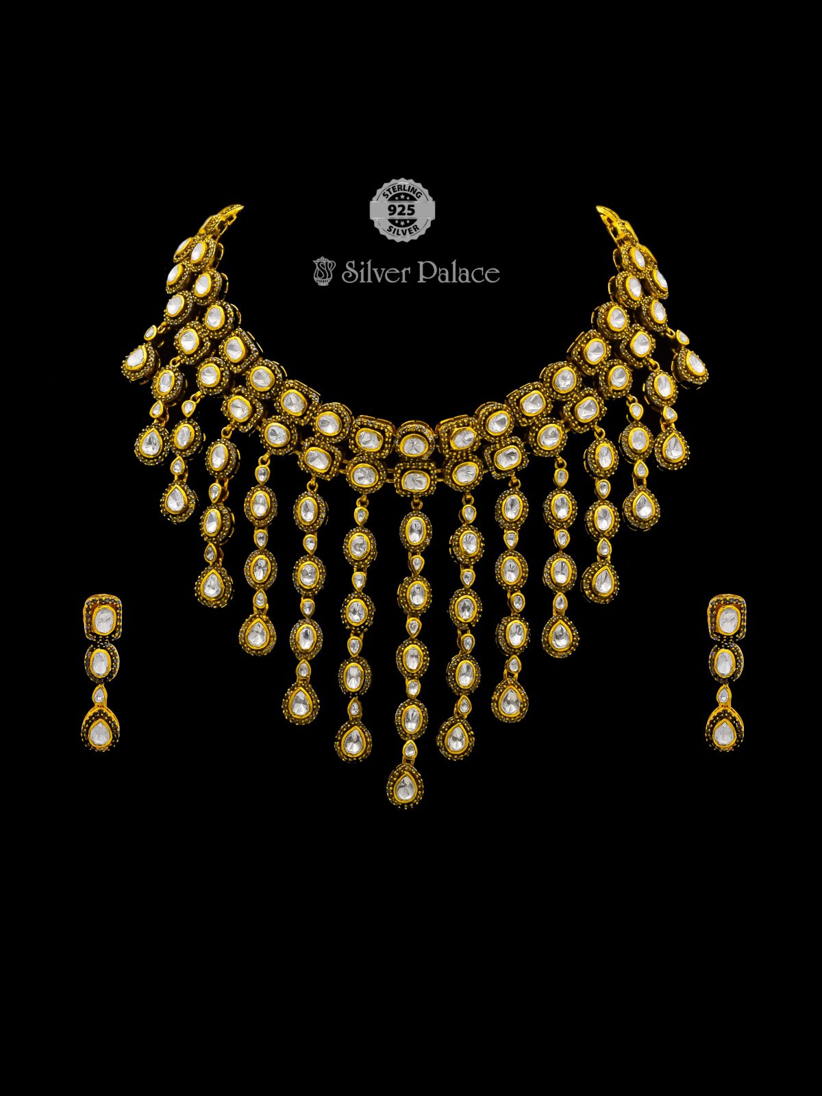 925 SILVER GOLD POLISH STONE HANGING 1 BY 1 DESIGN NECKLACE WITH MATCHING EARRING FOR GIRLS ANITE COLLECTION 