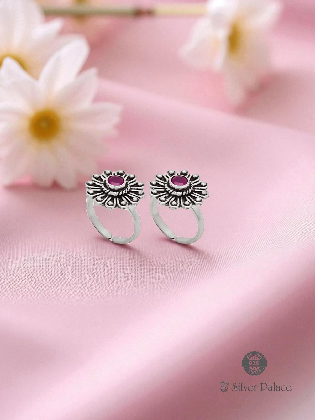 925 OXIDISED SILVER FLORAL DESIGN PINK STONE TOE RING NEETH COLLECTION 