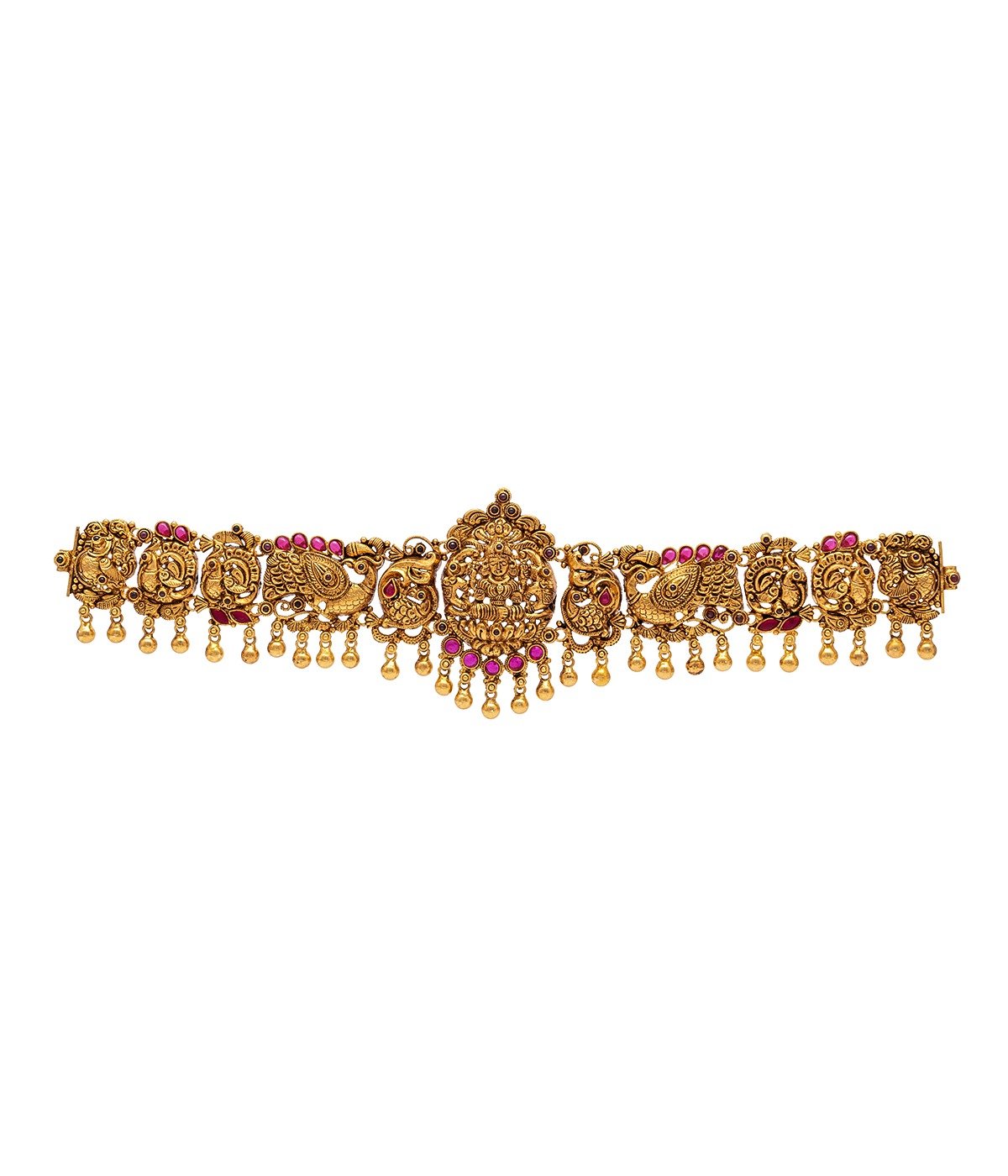 GOLD POLISHED LAKSHMI DESIGN PINK STONE STUDDED WAISTCHAIN WITH GOLD BEADS