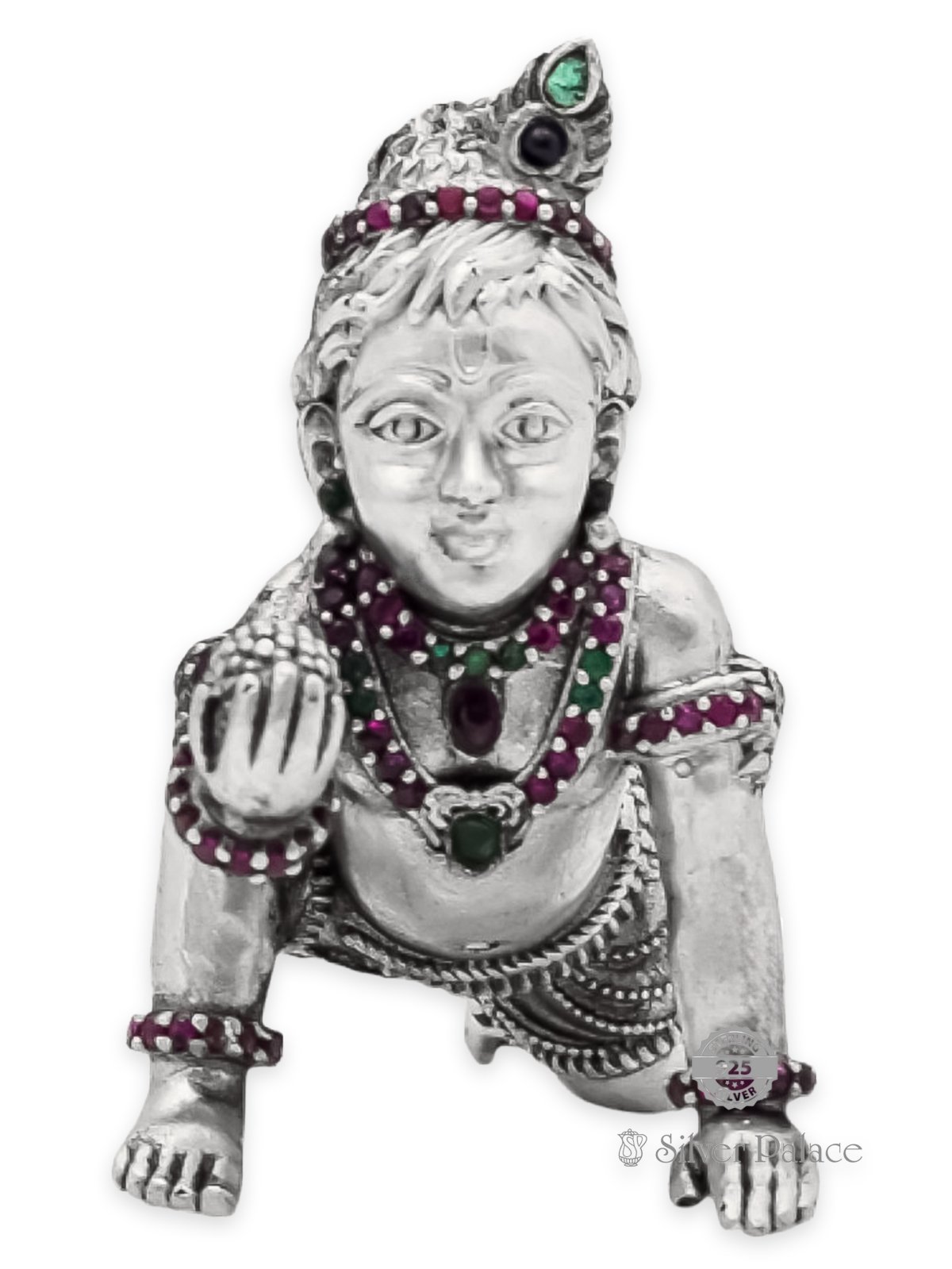 ANTIC FINISH 925 SILVER BABY KRISHNA  IDOL WITH RUBY EMERALD 