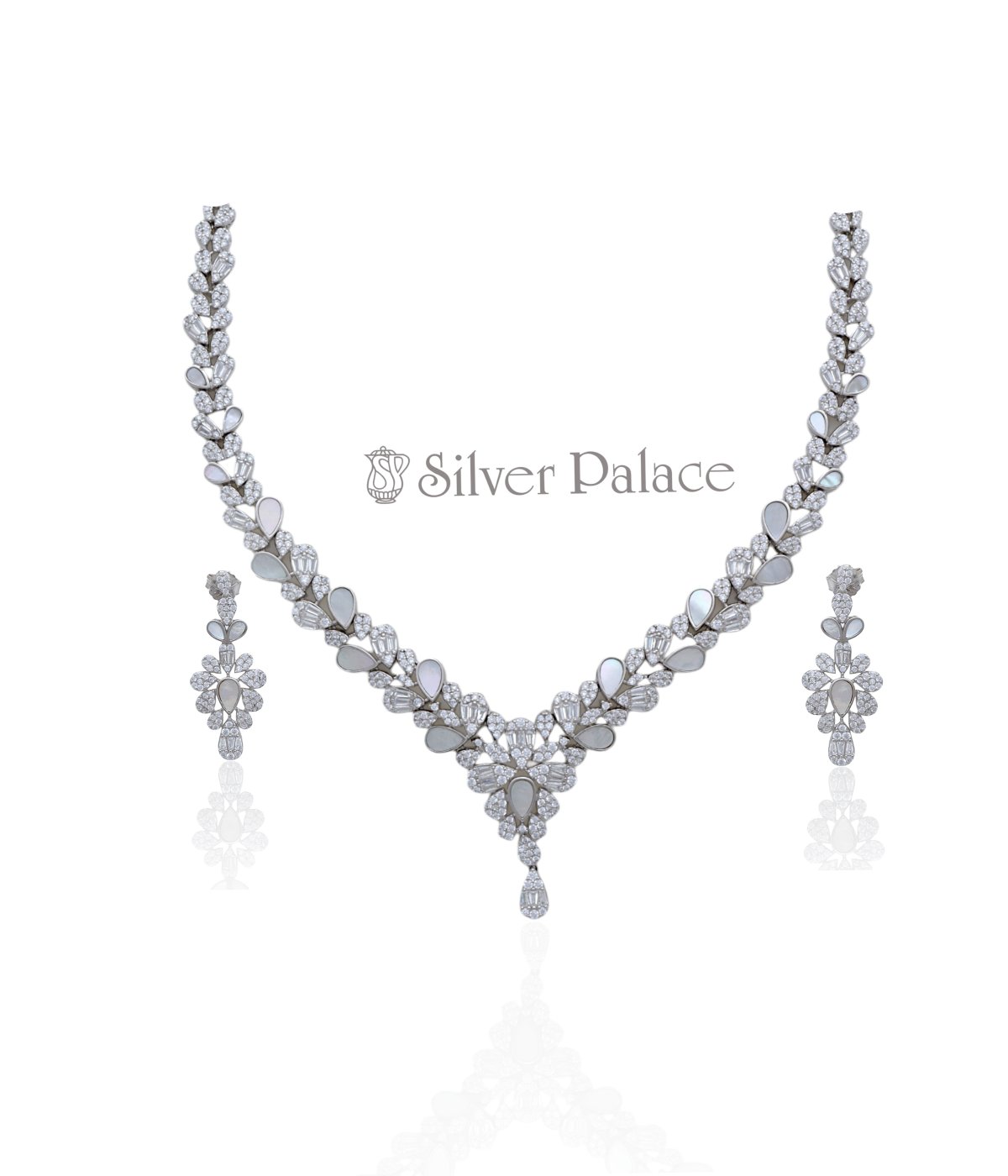 92.5 Silver Crystal Filigree Necklace Earrings Sets Wedding Jewelry Accessories
