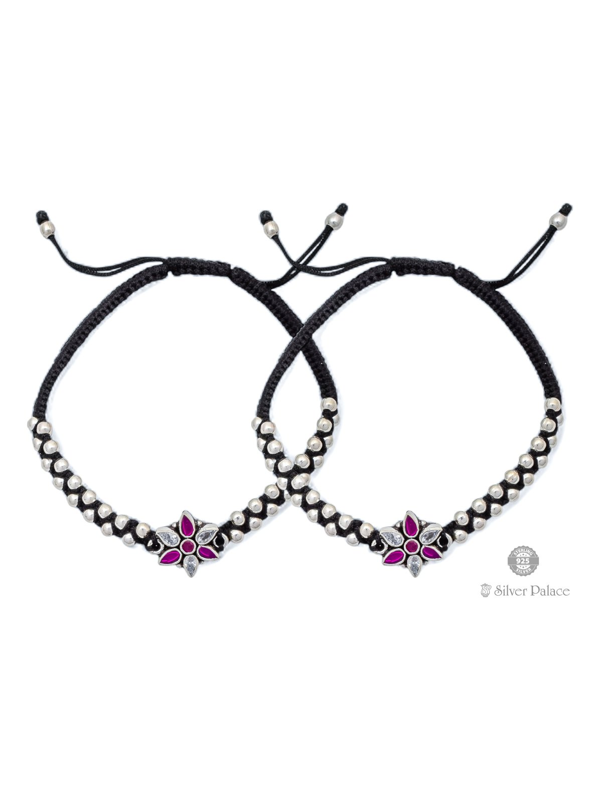 925 SILVER FLORAL DESIGN BLACK THREAD ANKLETS FOR LADIES 