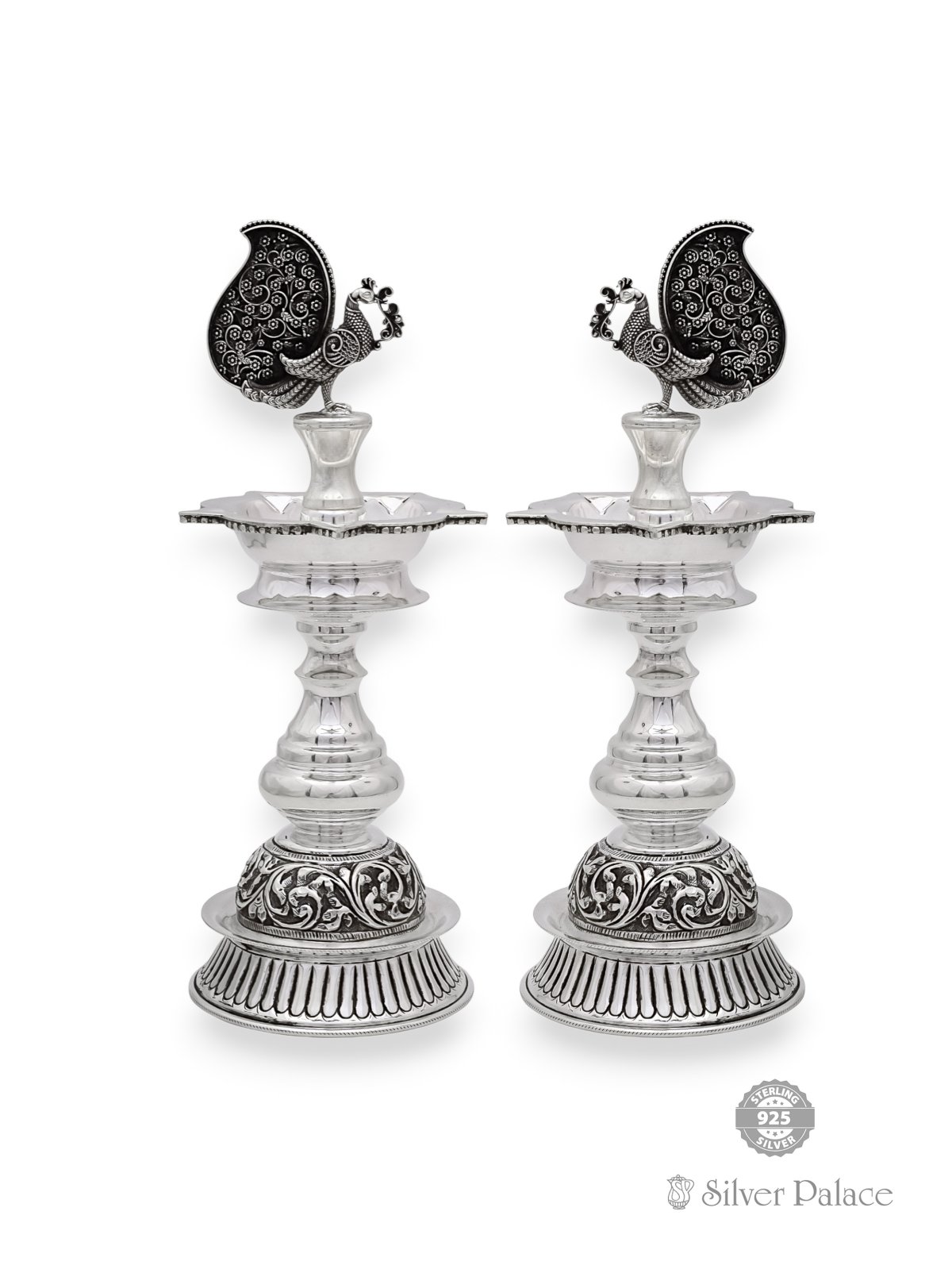 925 OXIDISED SILVER PEACOCK MOTIF KUTHU VILAKKU FOR POOJA 