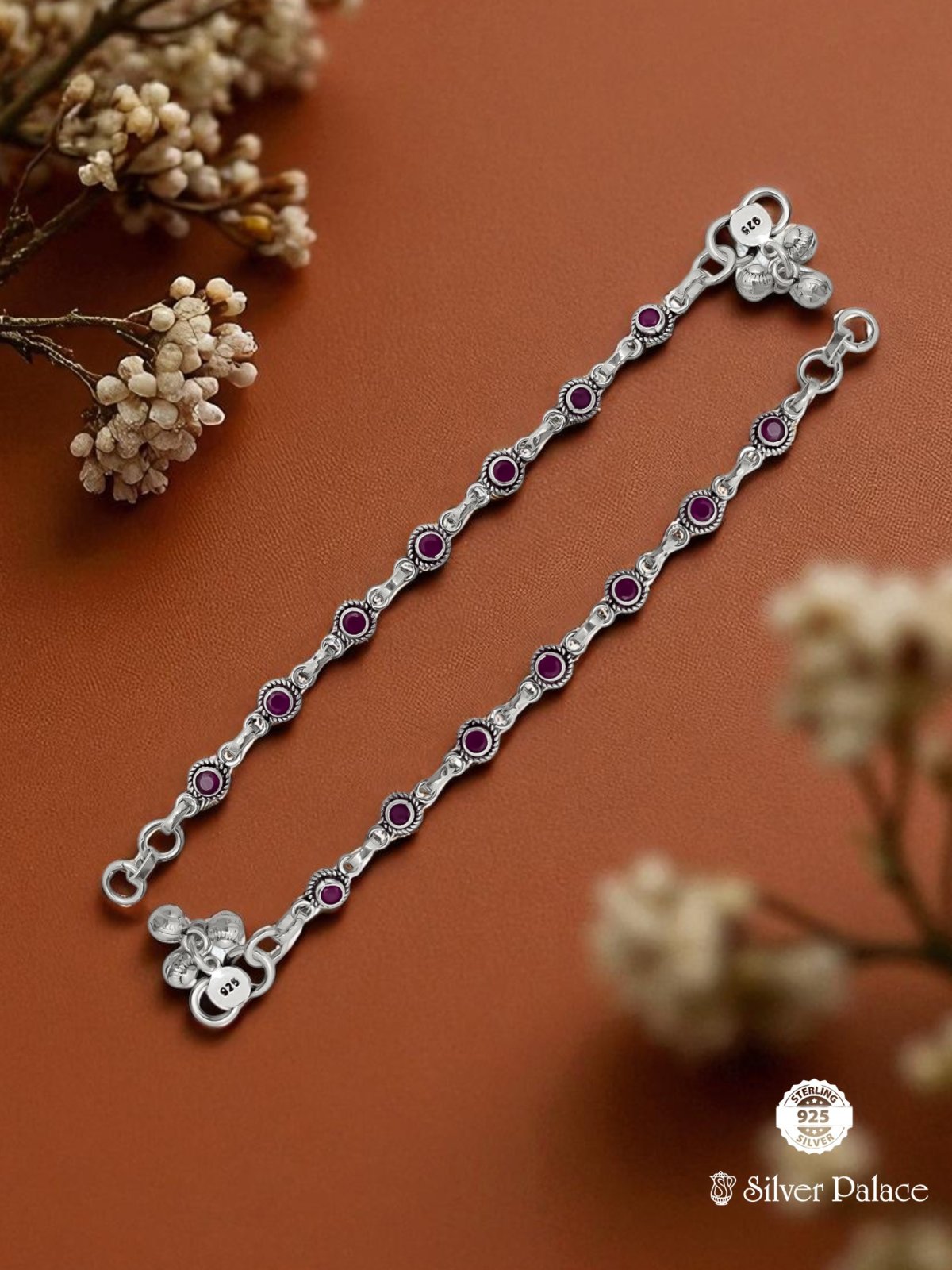925 OXIDISED SILVER RED STONE WITH BEADS DESIGN KIDS ANKLETS ARJITA COLLECTION 