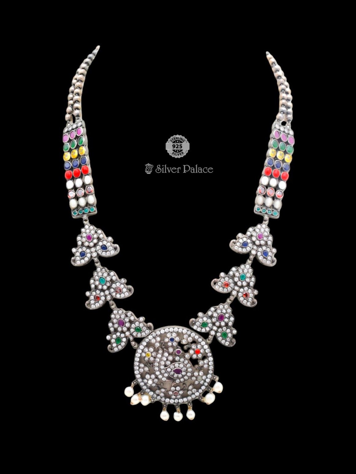 925 STERLING SILVER MANNJ COLLECTION NAVRATHNA STONES LONG NECKLACE FOR WOMEN