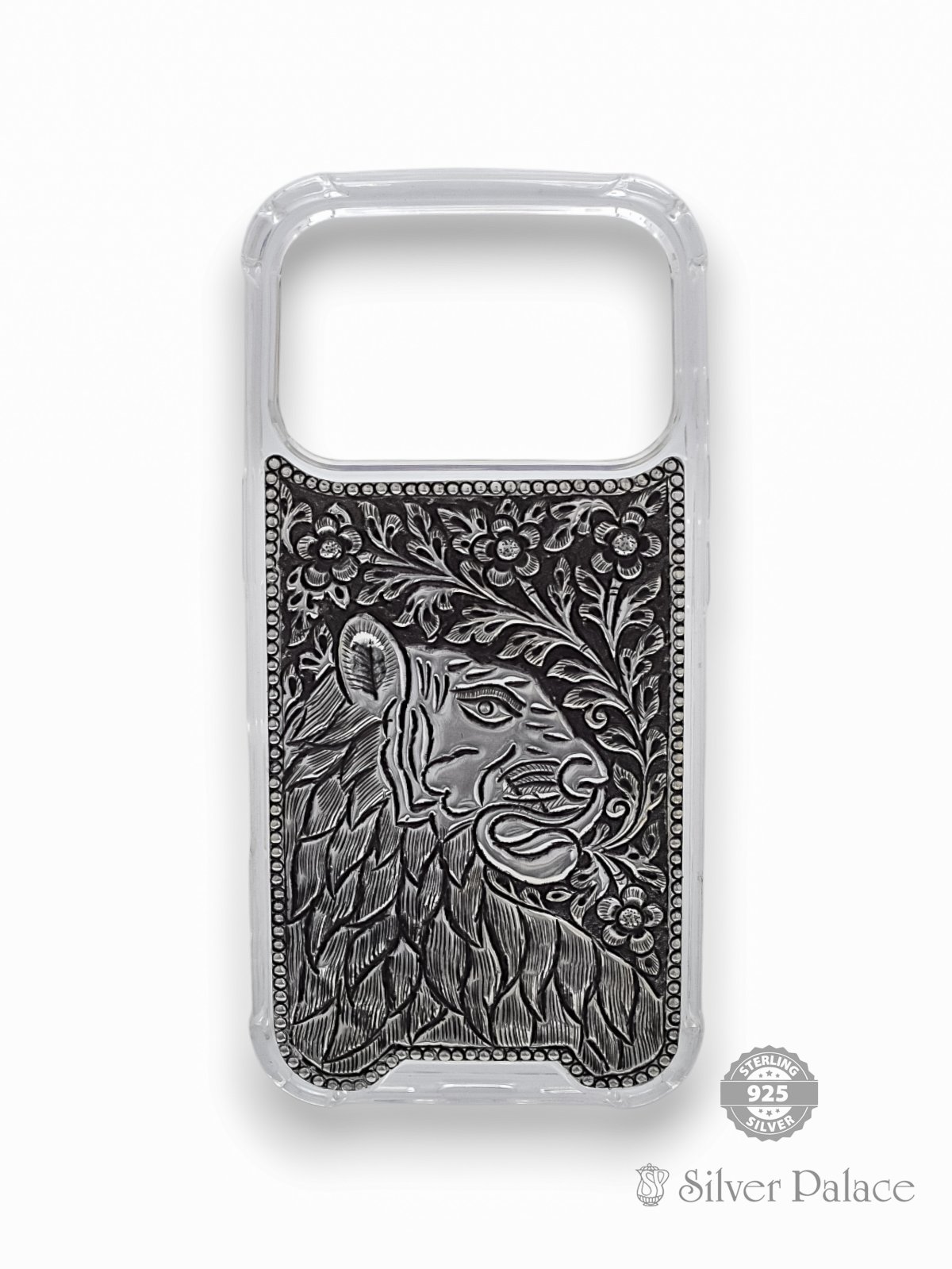 925 OXIDISED SILVER LION DESIGN PHONE CASE FOR IPHONE 17 PRO