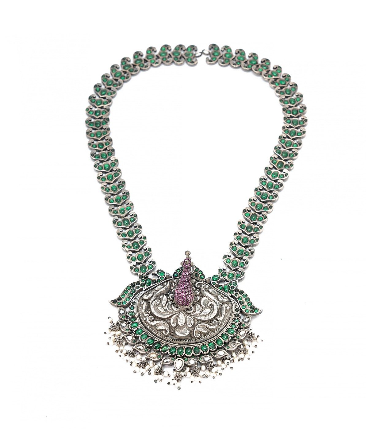 OXIDISED SILVER PEACOCK DESIGN GREEN STONE STUDDED LONG NECKLACE