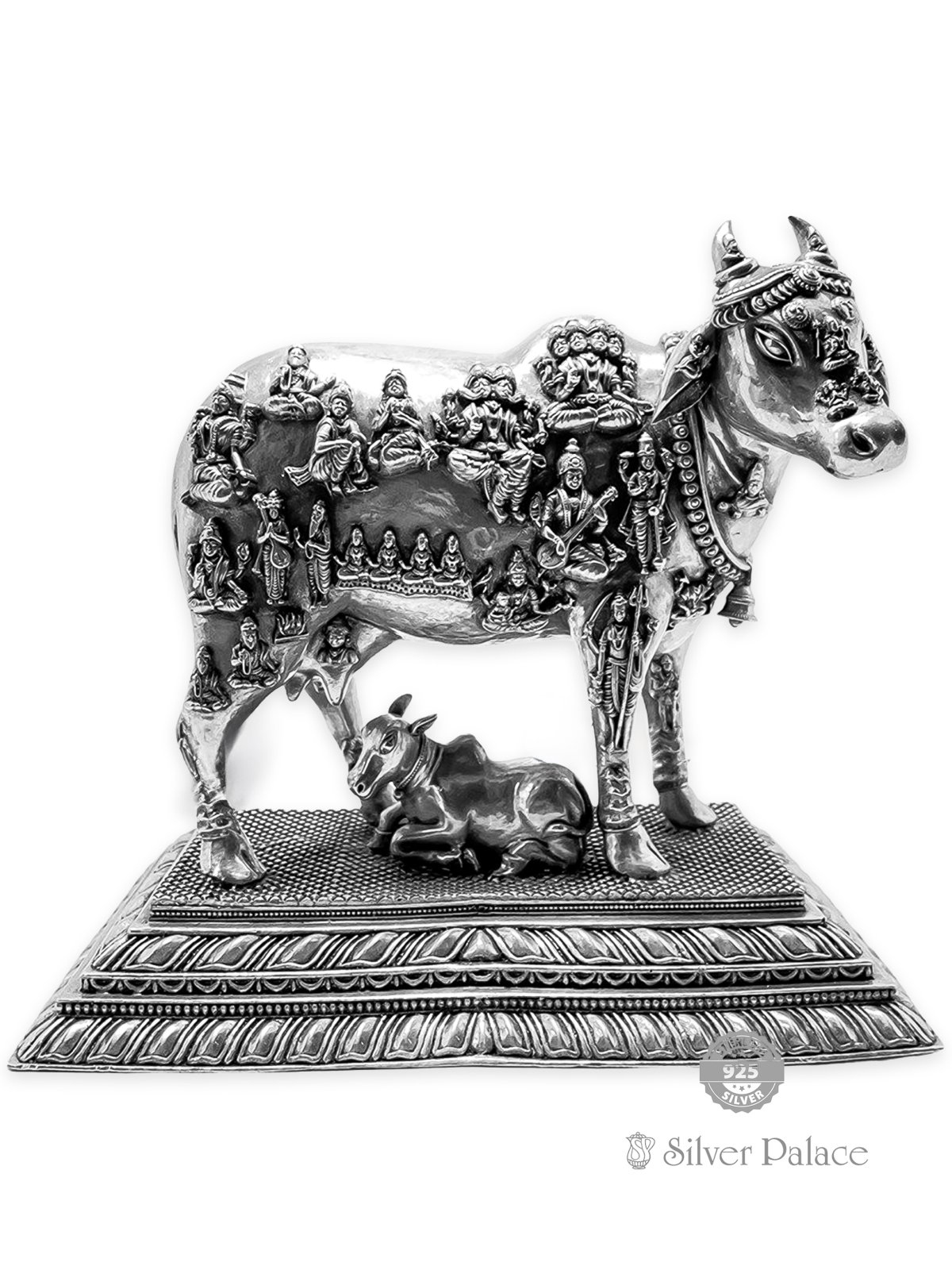 92.5 OXIDISED SILVER KAMADHENU GOMATHA WITH CALF STATUE