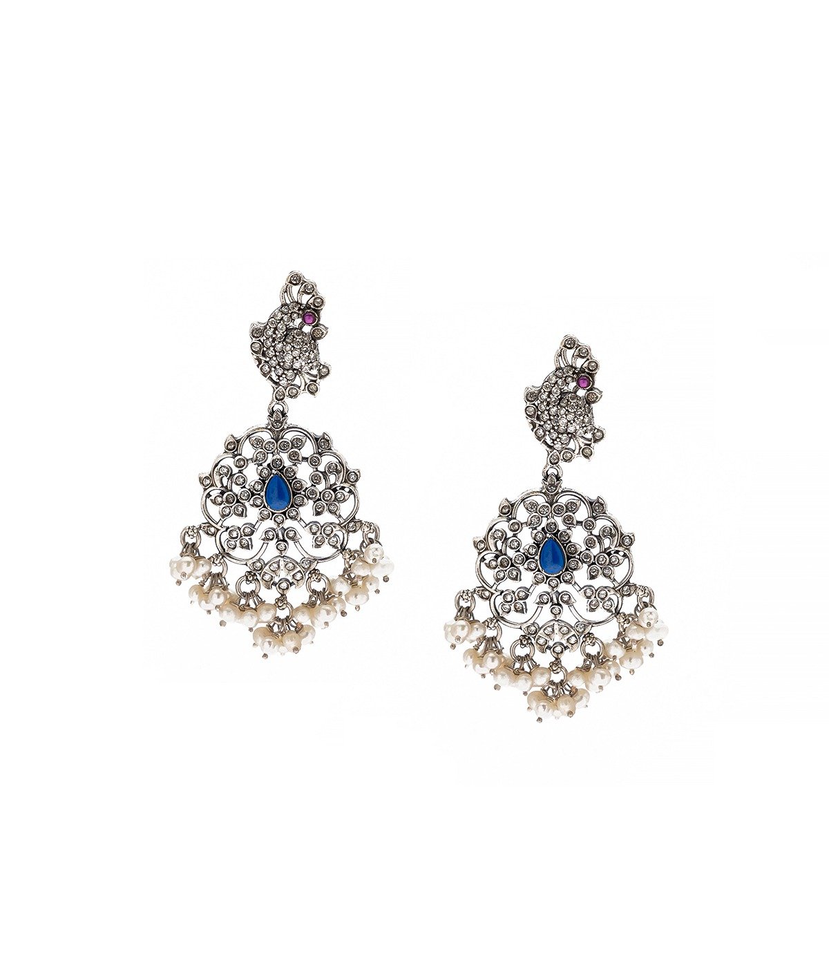OXIDISED SILVER BLUE STONE STUDDED EARRINGS FOR GIRLS