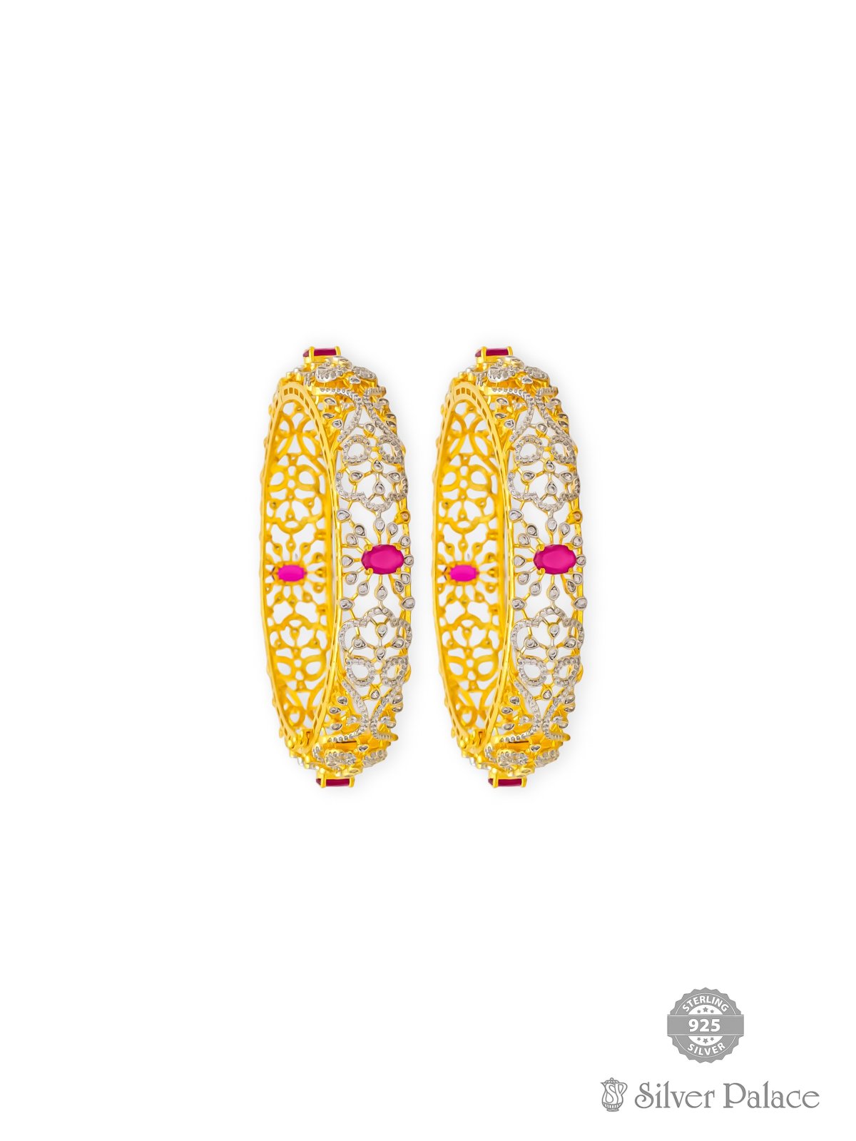 925 SILVER GOLD POLISHED FLORAL DESIGN RED STONE BANGLE FOR GIRLS ANITE COLLECTION 