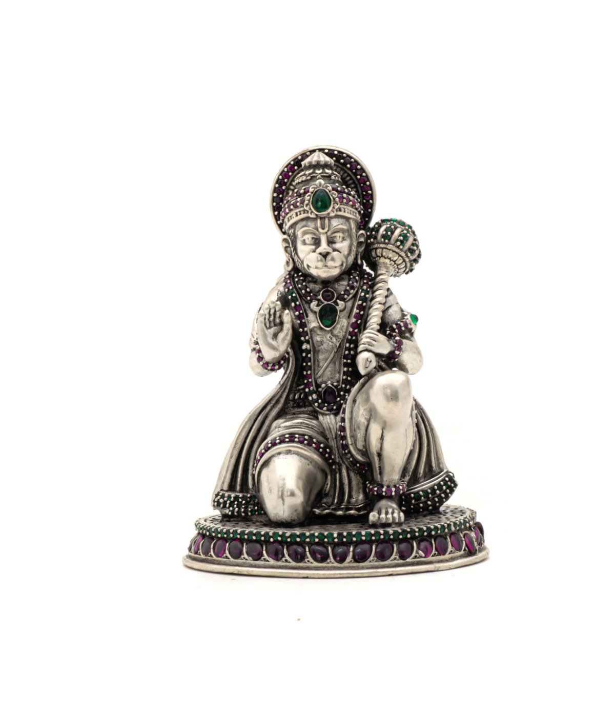 ANTIC FINISH 925 SILVER ANJANEYA IN SITTING POSITION IDOL WITH RUBY EMERALD 