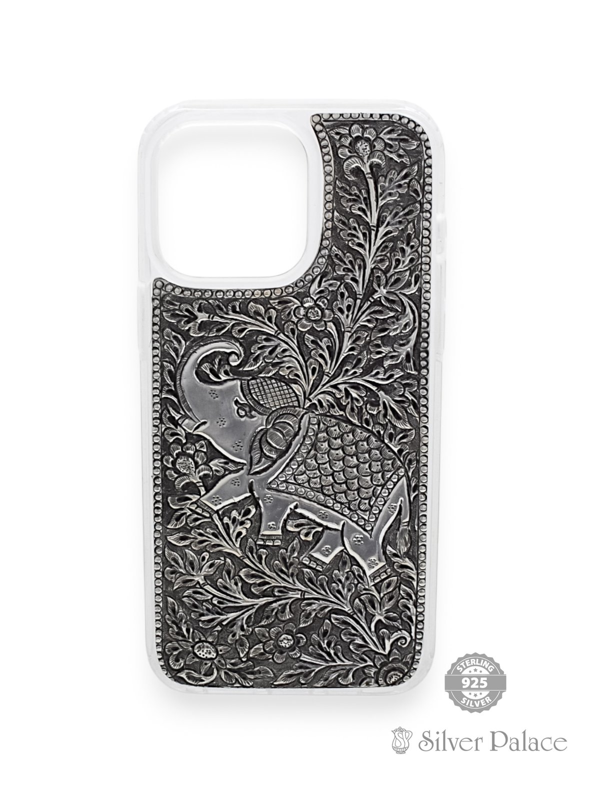 925 OXIDISED SILVER ELEPHANT DESIGN PHONE CASE FOR IPHONE 15 PRO MAX