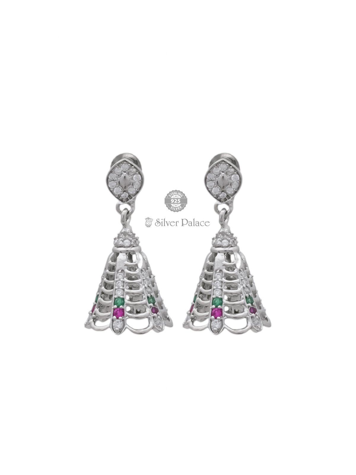 925 Sterling Silver Jhumki with Green and Pink Stones for girls puya collection 
