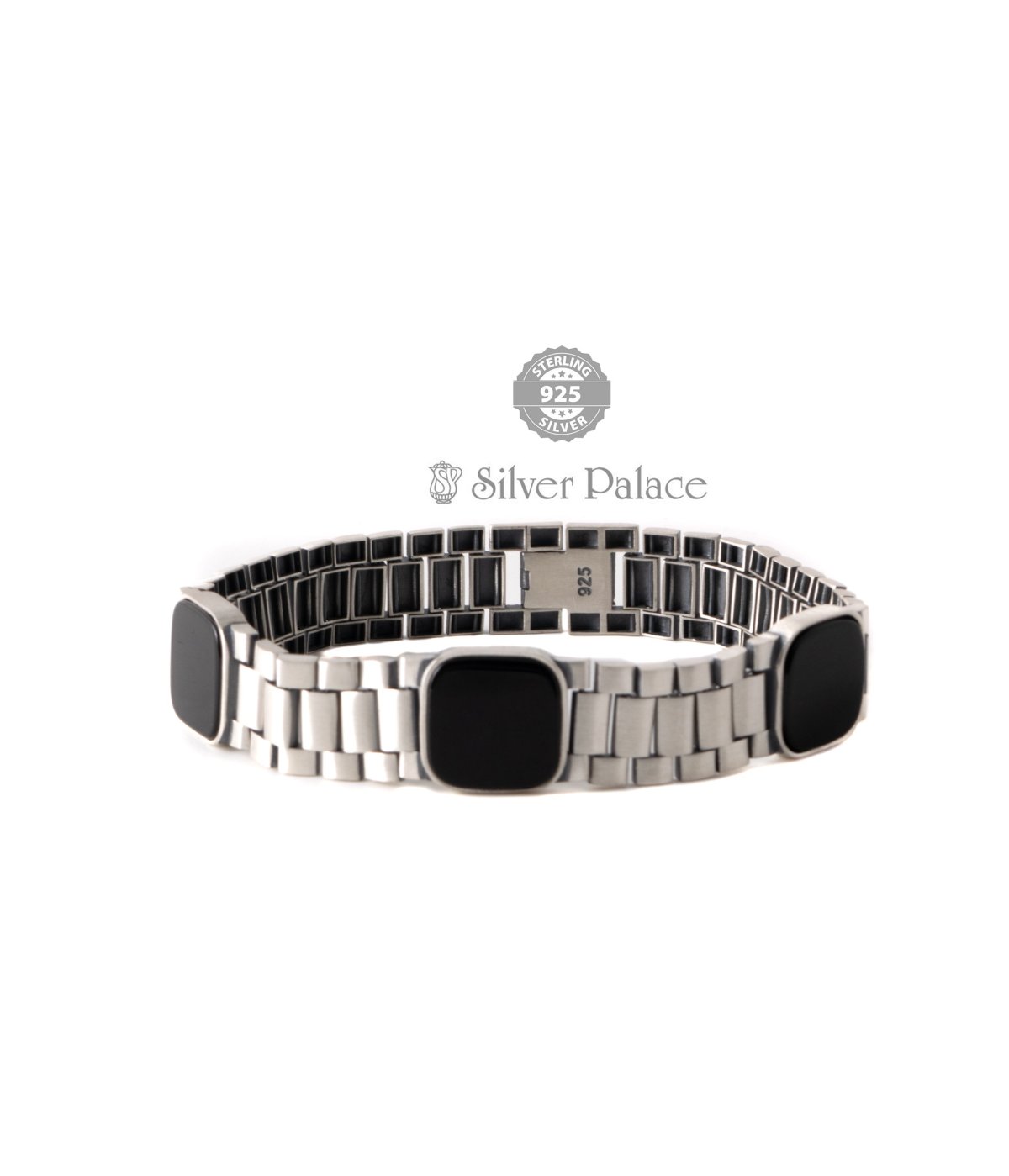  925 Sterling Silver WATCH STRAP Link Black Agate Bracelet 