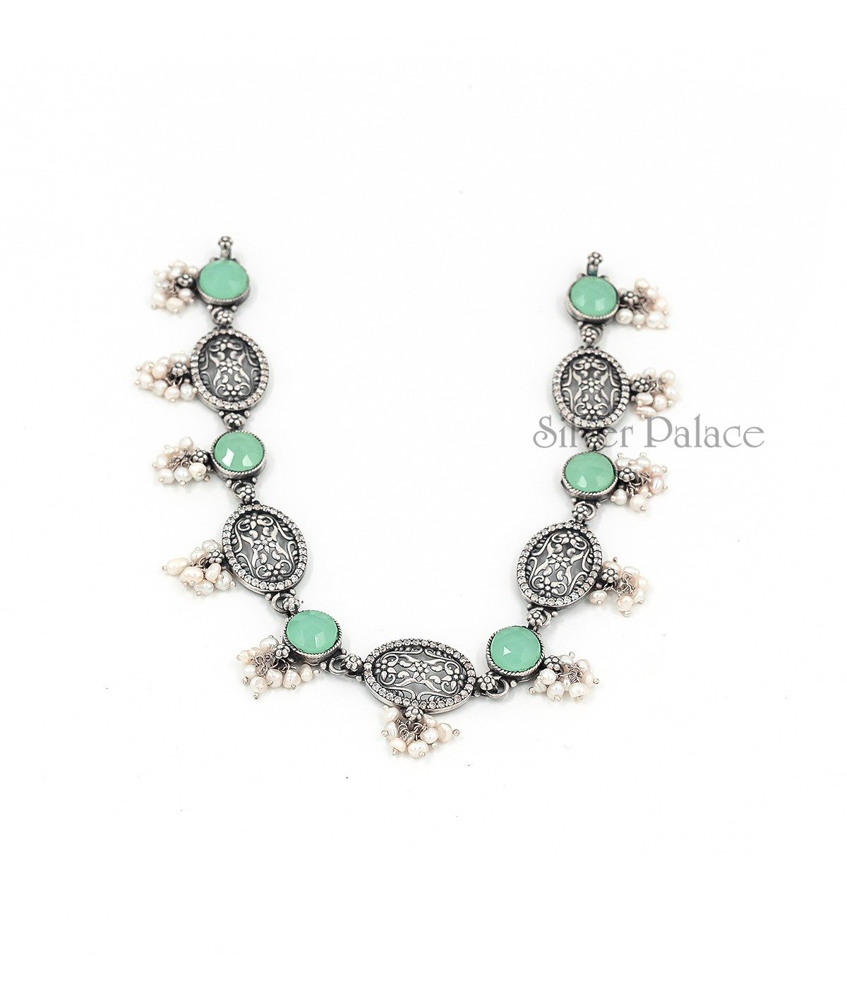 OXIDISED SILVER PASTEL GREEN STONE NECKLACE